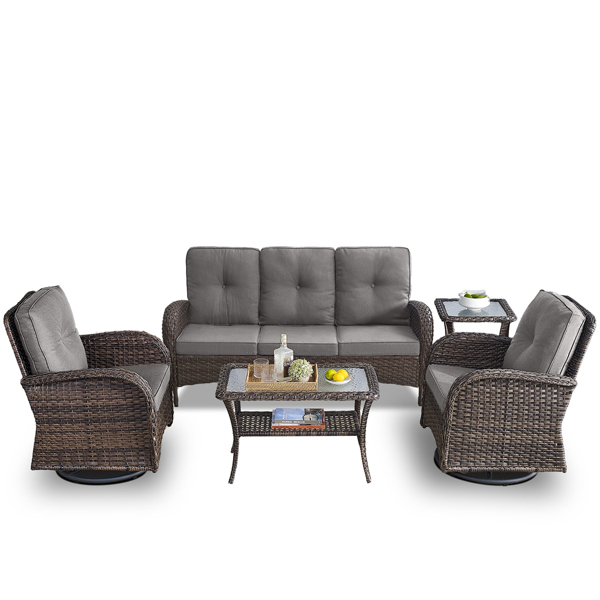 Rilyson FS08511450-3 KEY WEST 5 -Piece Woven Patio Sofa Conversation Set with Gray Cushions