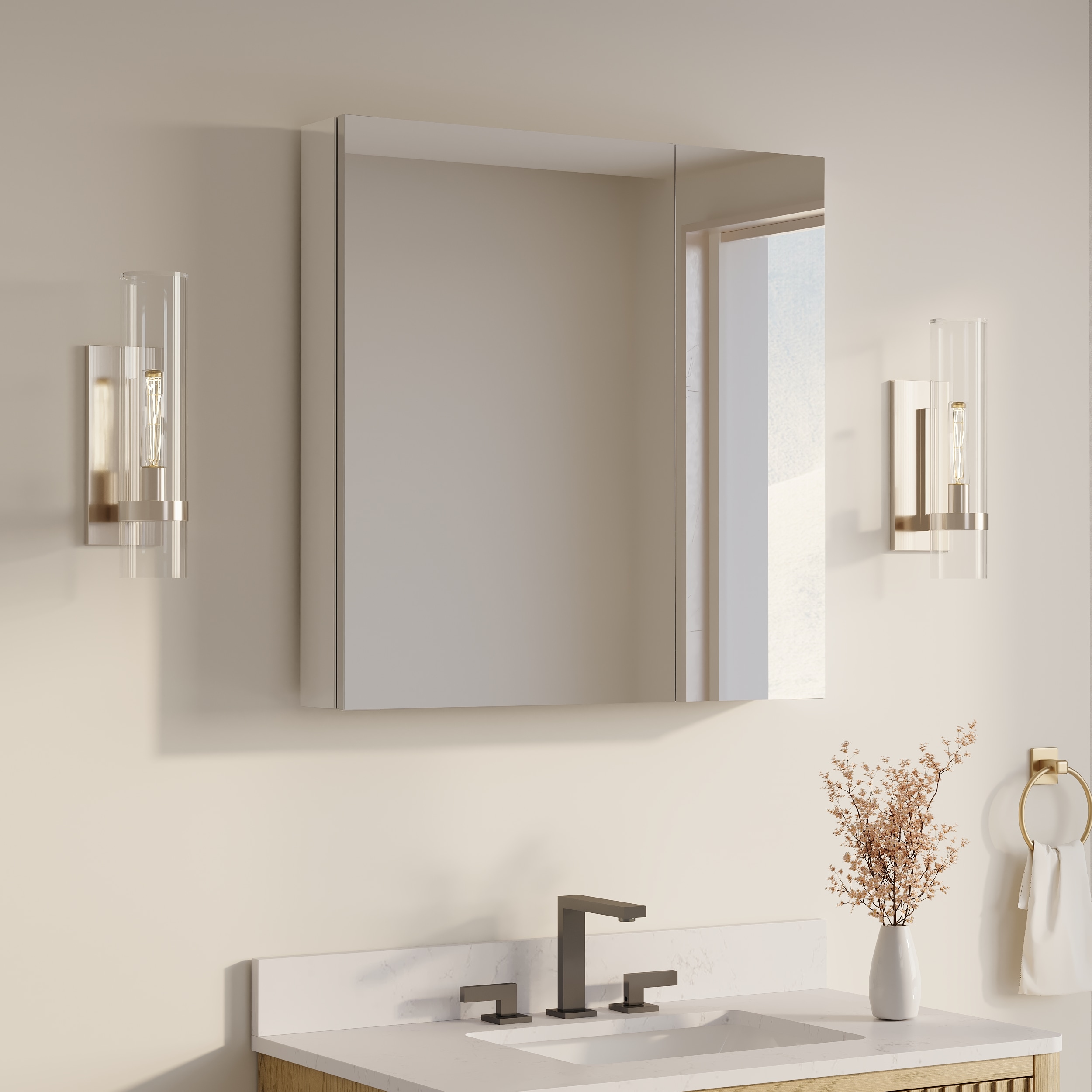 ANGELES HOME  30-in x 30-in Surface/Recessed Mount Aluminum Bathroom Medicine Cabinet with Adjustable Shelves