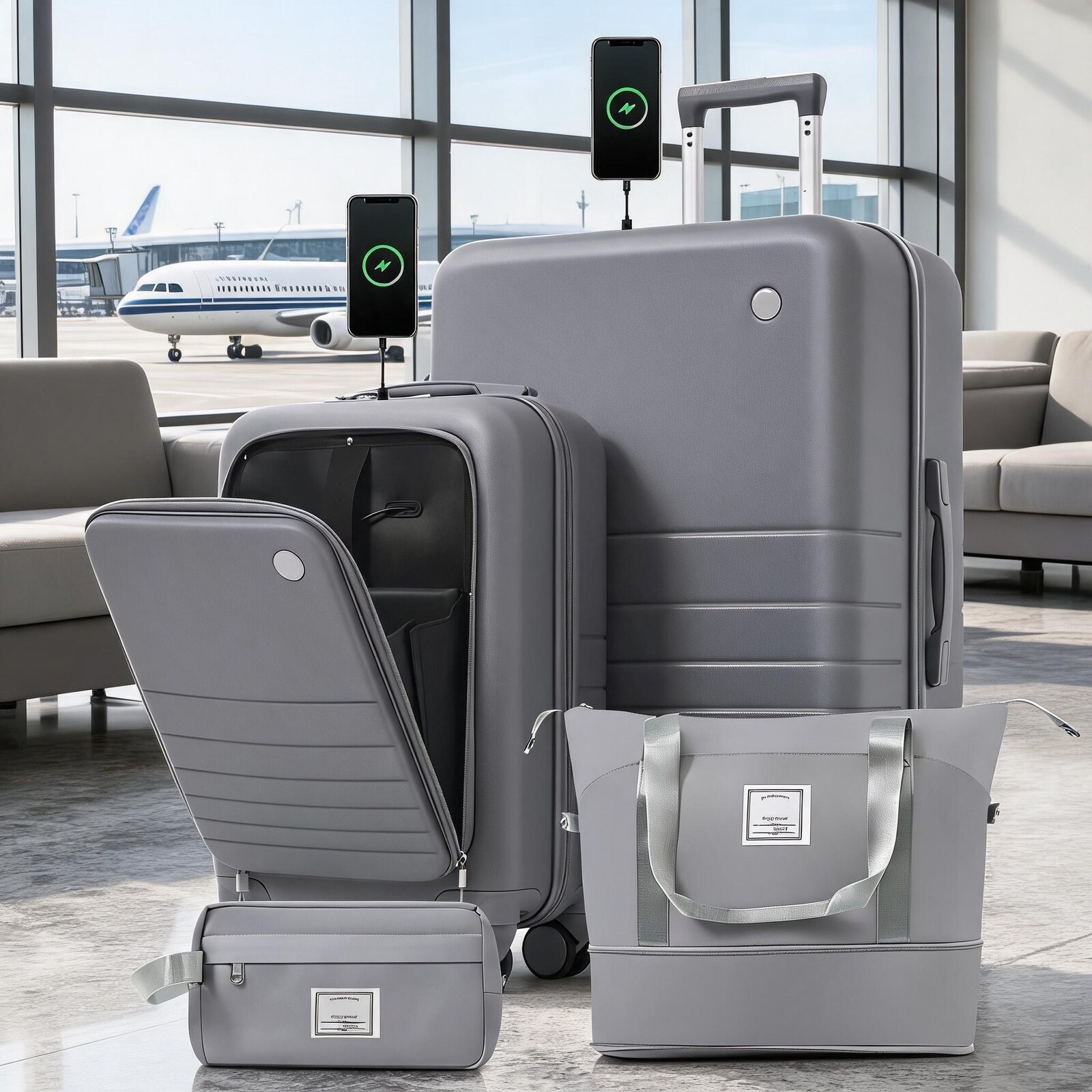 LIVACA - Grey 4-Piece Luggage Set with USB Charging Ports - 20 inch Carry-On Front-Opening for La...