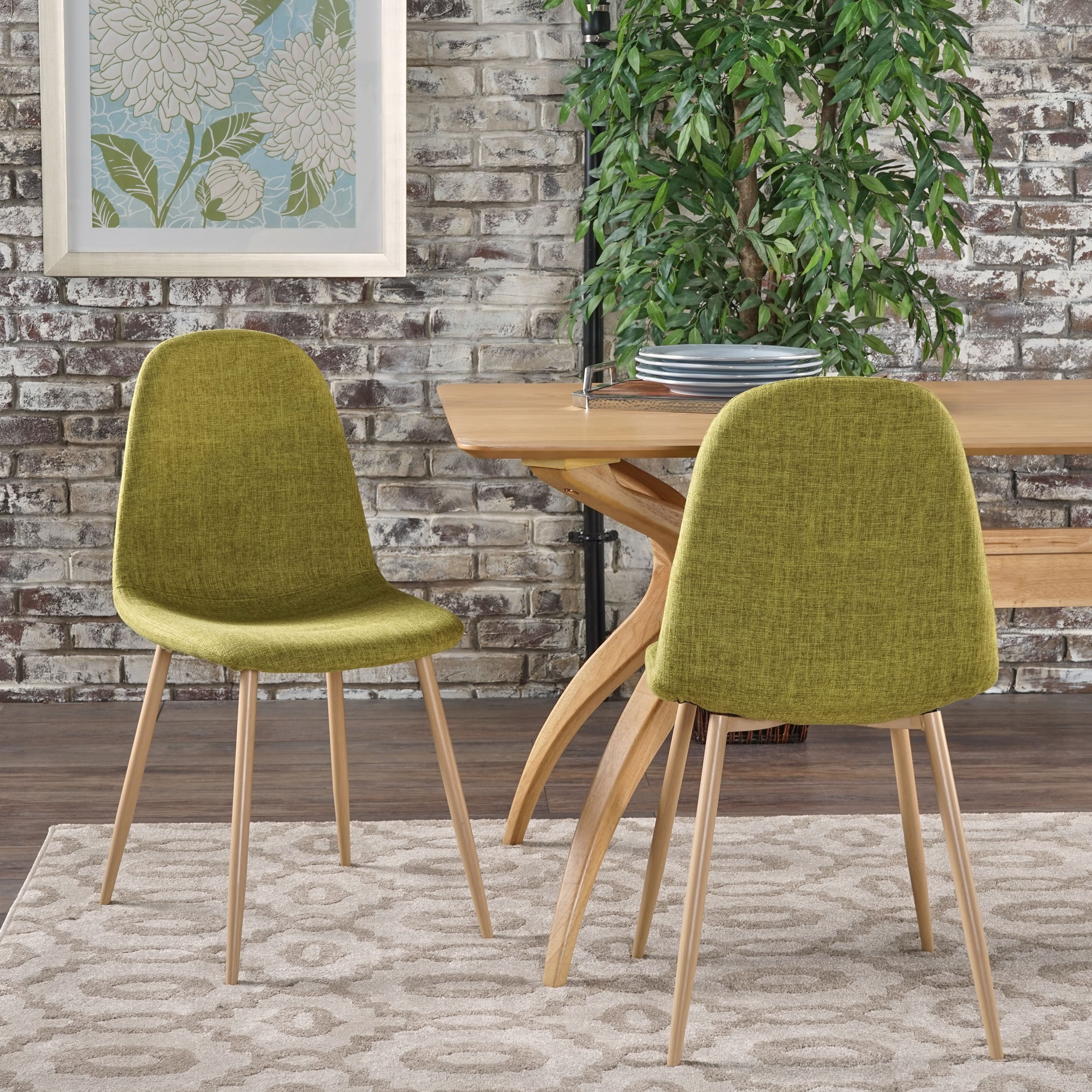 Set of 2 Green Upholstered Side Chairs with Light Brown Metal Legs