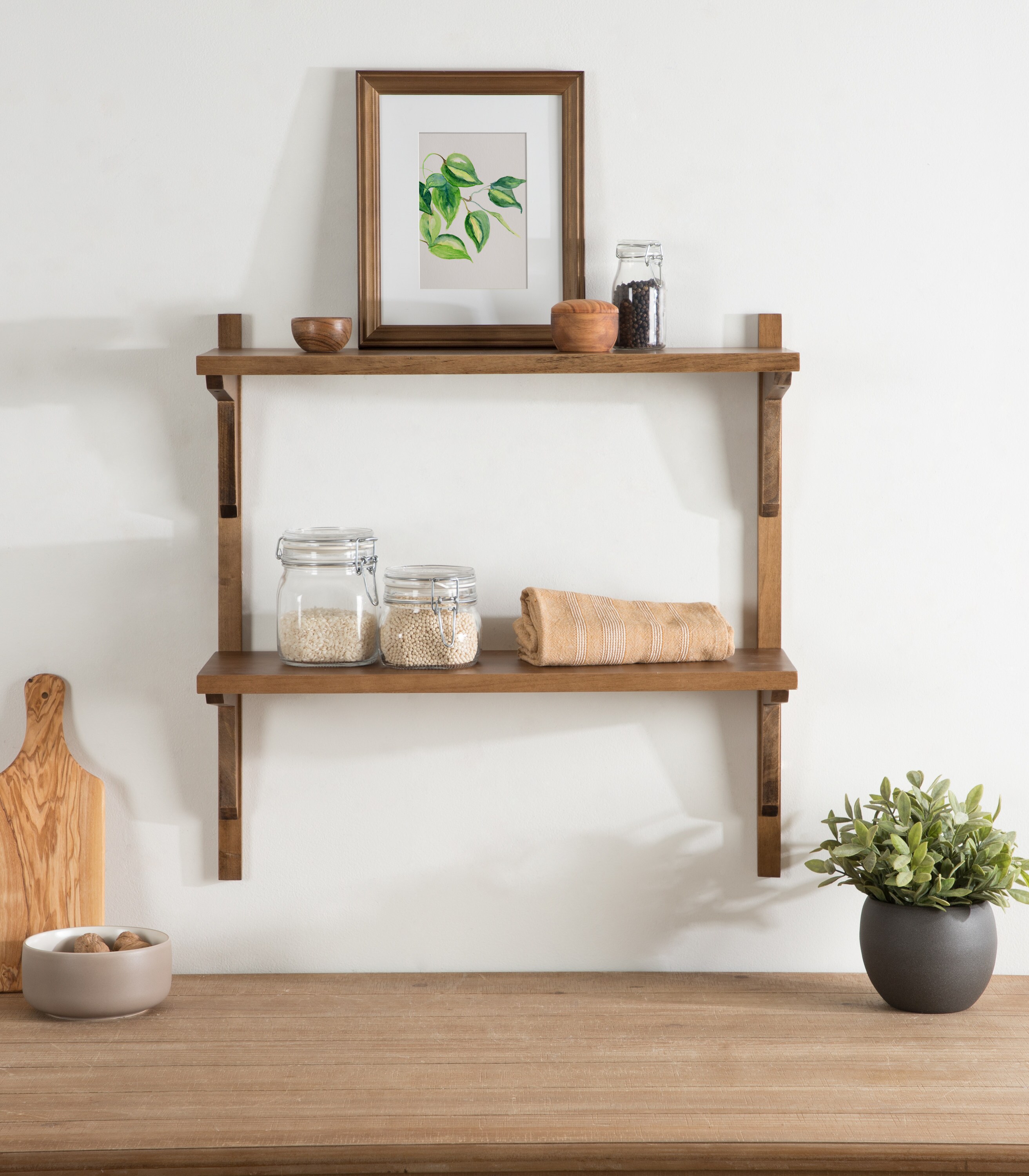 Rustic Brown Poplar Wood Floating Wall Shelf with Two Tiers