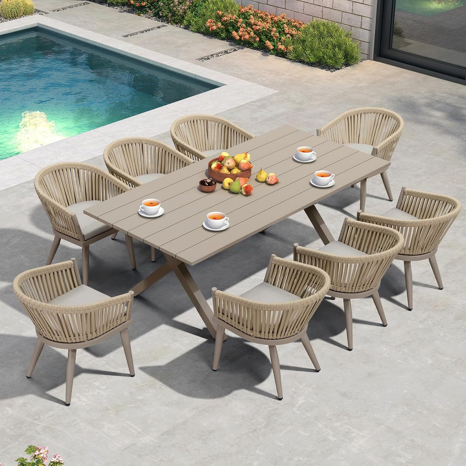 PURPLE LEAF LS03-OL09-205-CP 9 -Piece 9 pieces-Rectangle Rattan Patio Dining Set Aluminum Rectangle Table with 8 Yellow Cushions Stationary Chairs