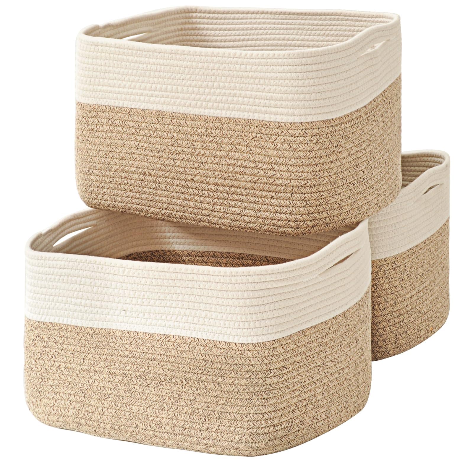 PIGFDK Off White and Brown 17x13 in Woven Rope Storage Baskets Multi Functional Organizer For Home Travel Office 3 Packs