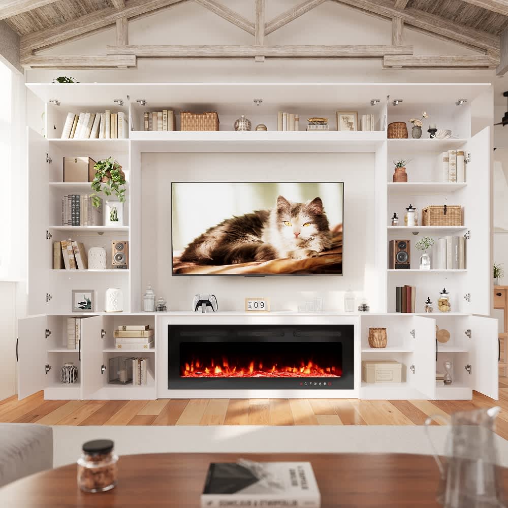 U-HOMY 112 inch TV Entertainment Center with LED Lights and Storage