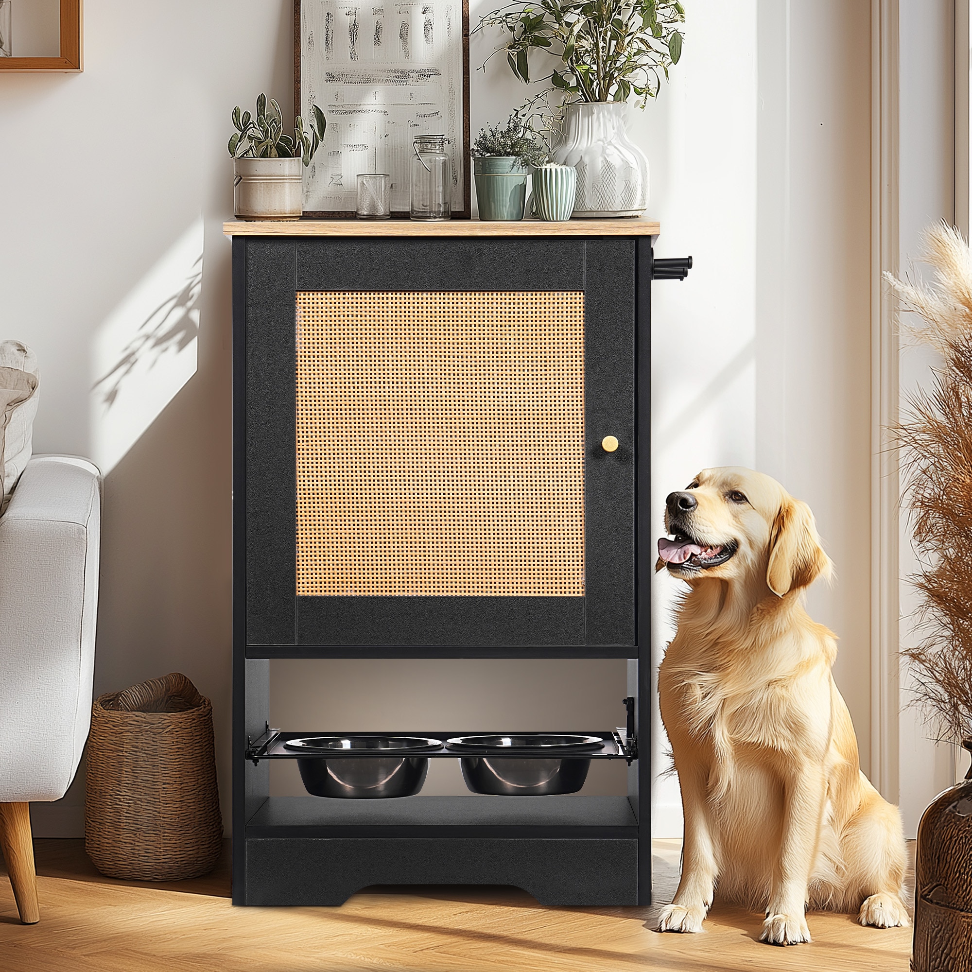 LUXEYARD Feeding Station with 1 Storage Cabinets Pet Feeding Station with 2 Elevated Dog Bowls Side Hooks Antitip Kit Hidden Pet Feeder Station for Feeding  and  Watering Black