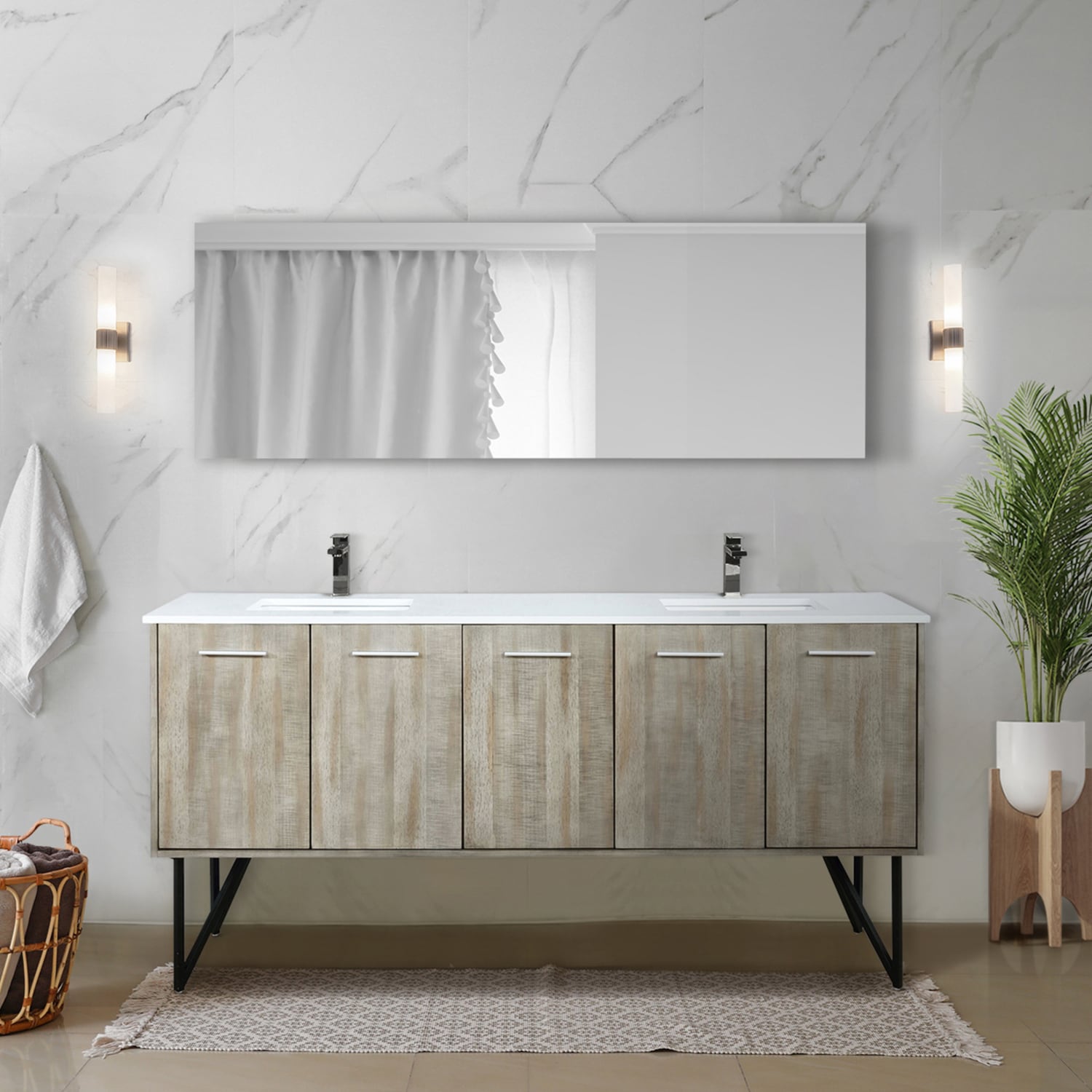 Vanityfus 72 in. W x 20 in. D Rustic Acacia Double Bath Vanity with White Quartz Top and Gun Metal Faucet Set