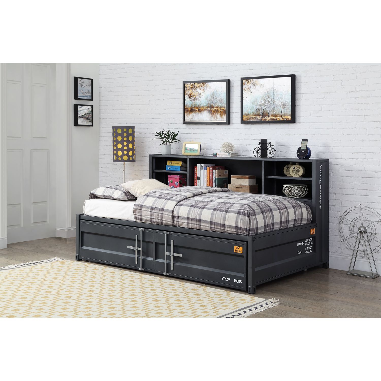 JASMODER 38270 Gunmetal Twin Composite Platform Bed with Storage