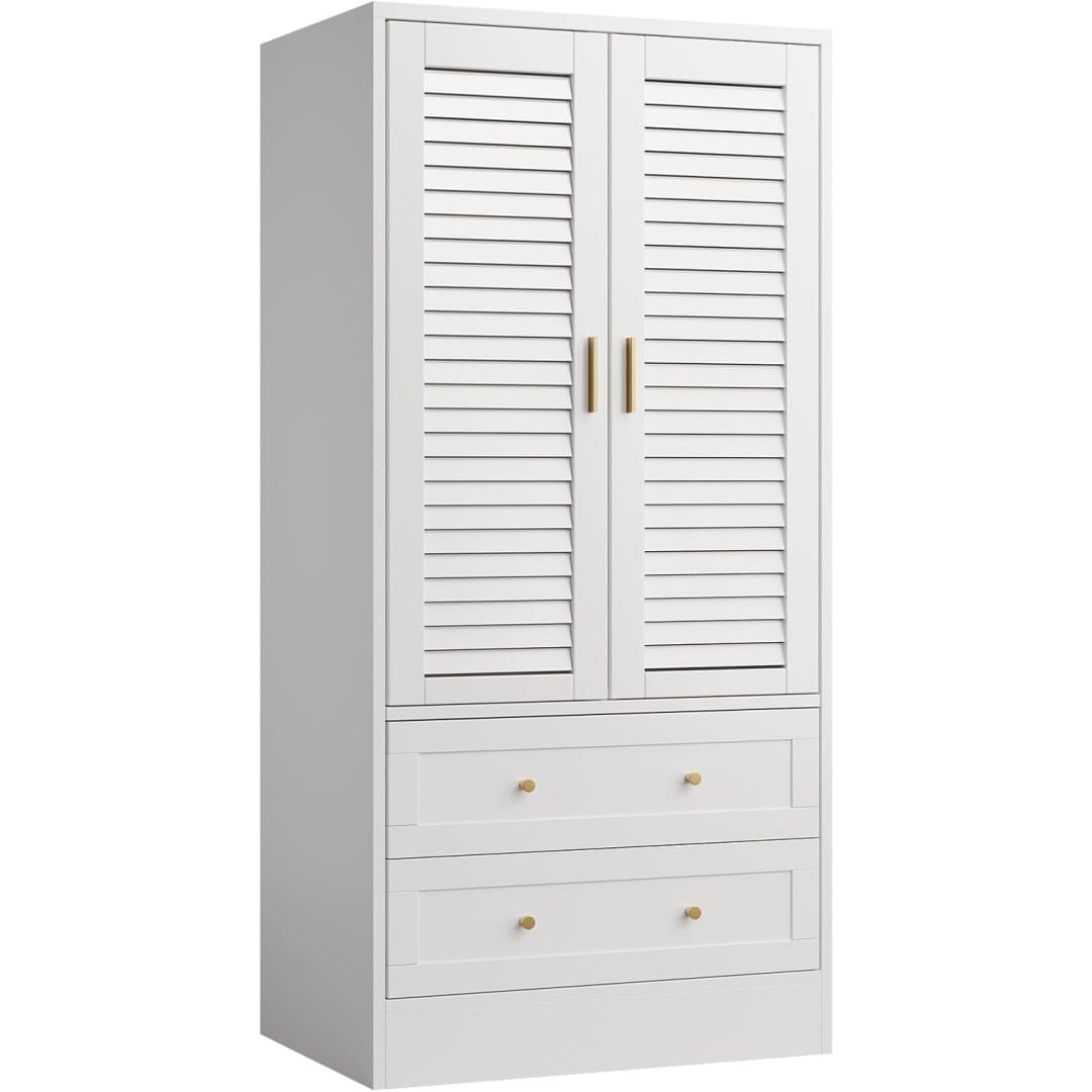 Qeetex NL-PHO-356BARUP White Wardrobe Armoire Closet with Shutter Doors and Drawers Bedroom Armoire with Hanging Rod Large Capacity Storage Freestanding Wooden Closet Storage Cabinet