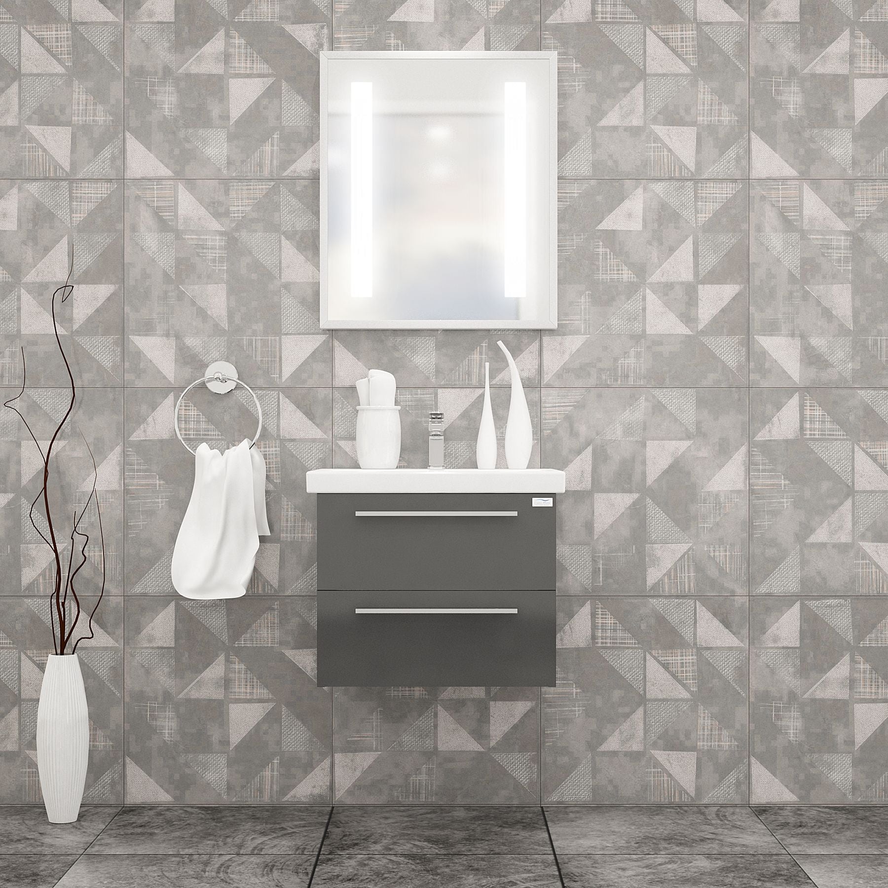 Casa Mare ELKE60GG-24-MSC Elke 24-in Glossy Grey Single sink Floating Bathroom Vanity with Gray Ceramic Top (Mirror Included)