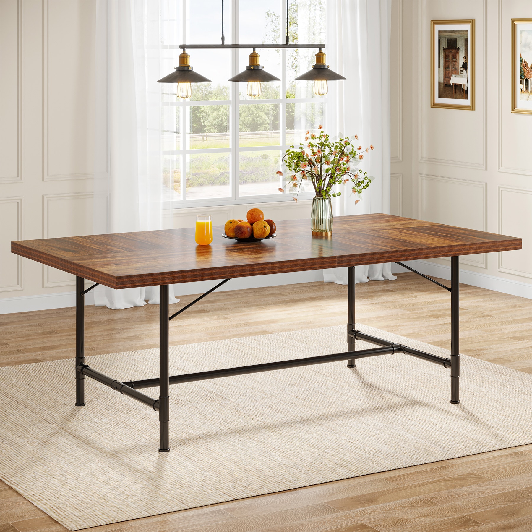 Fnova LWTJ-C0867 Dining Table for 6-8 People Rustic Brown and Black Contemporary/Modern Dining Table, MDF with Powder Coated Metal 70.87-in L x 29.52-in H