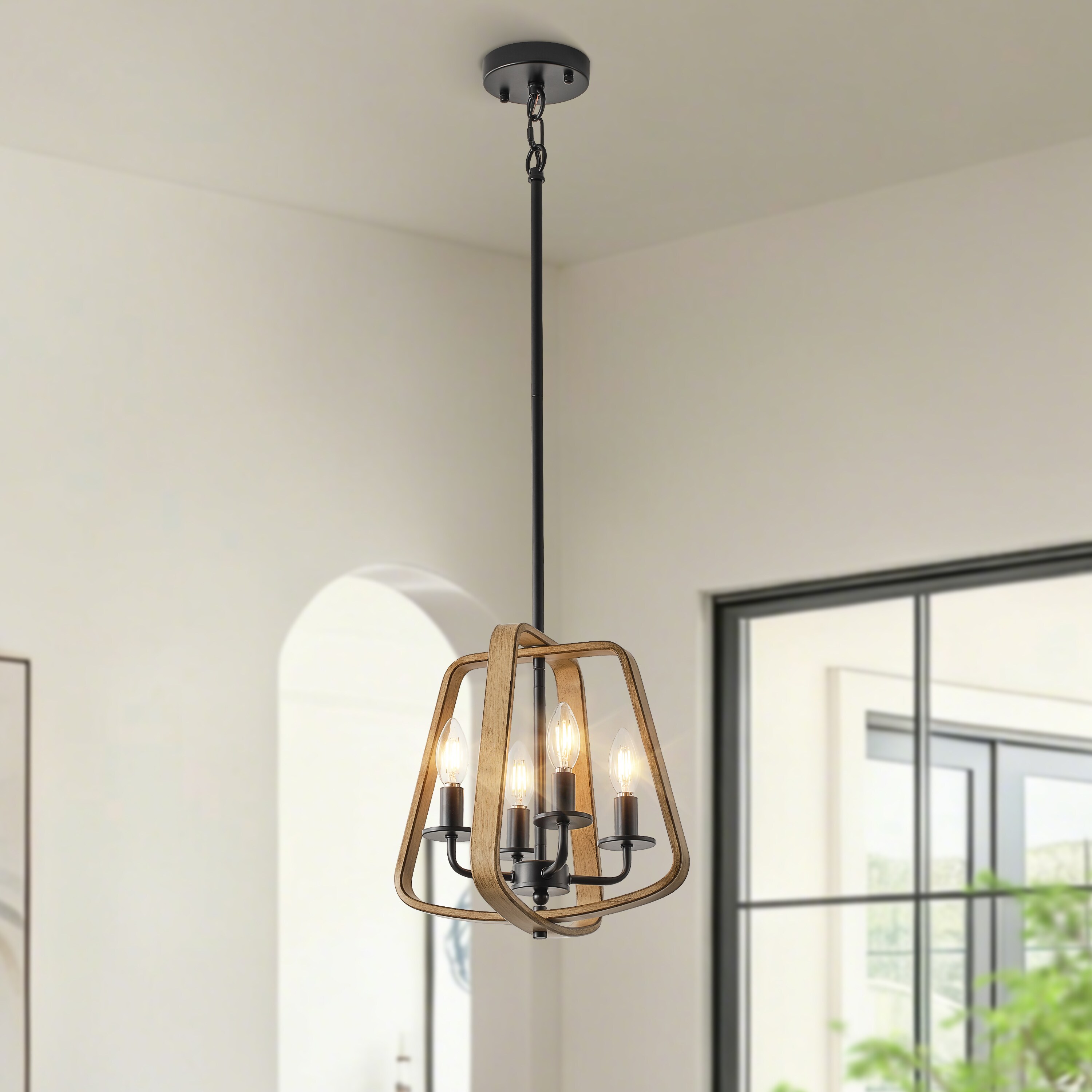 GoYeel - 4 -Light Black and Wood Grain Farmhouse Lantern Hanging Pendant Light