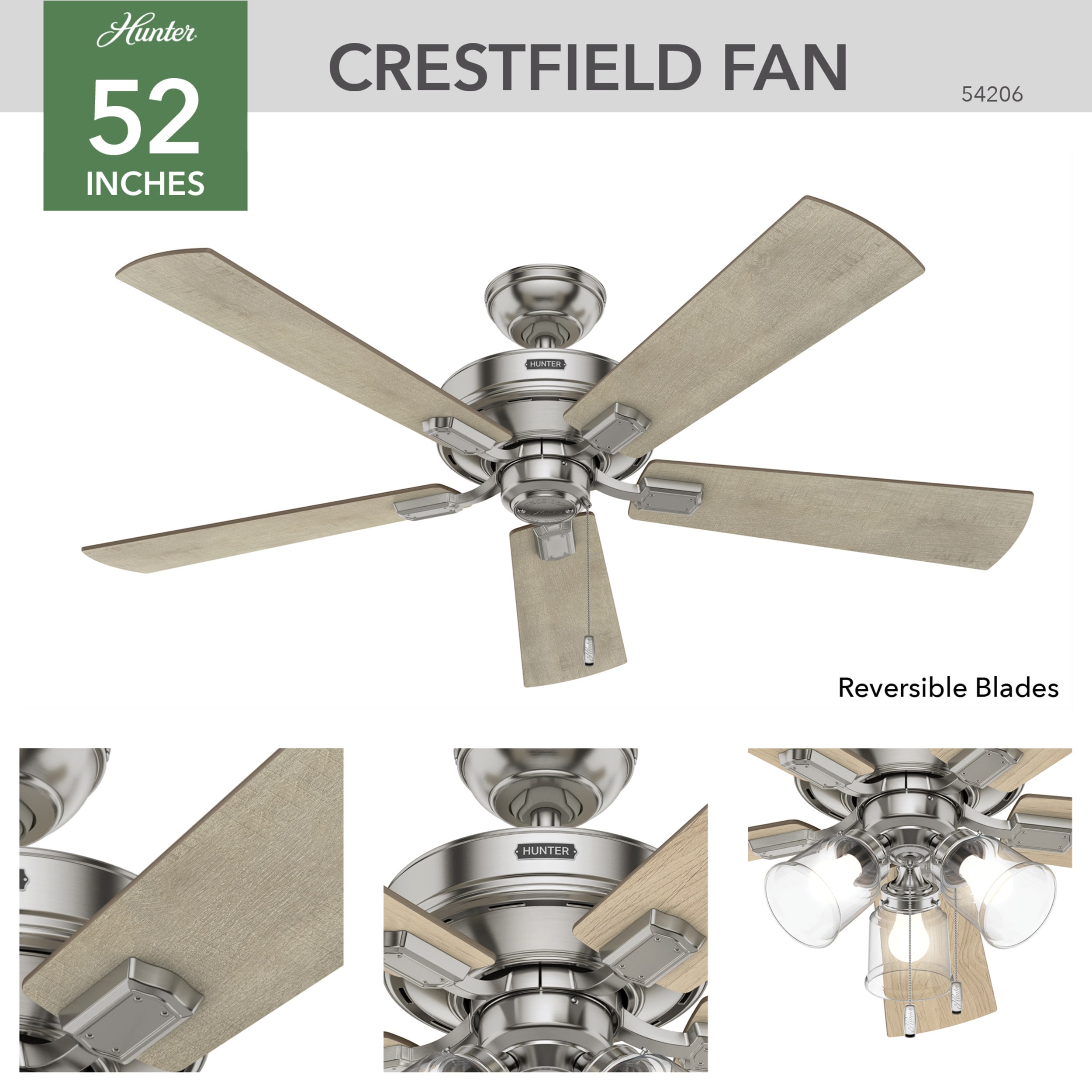 52'' Brushed Nickel Ceiling Fan with LED Lights