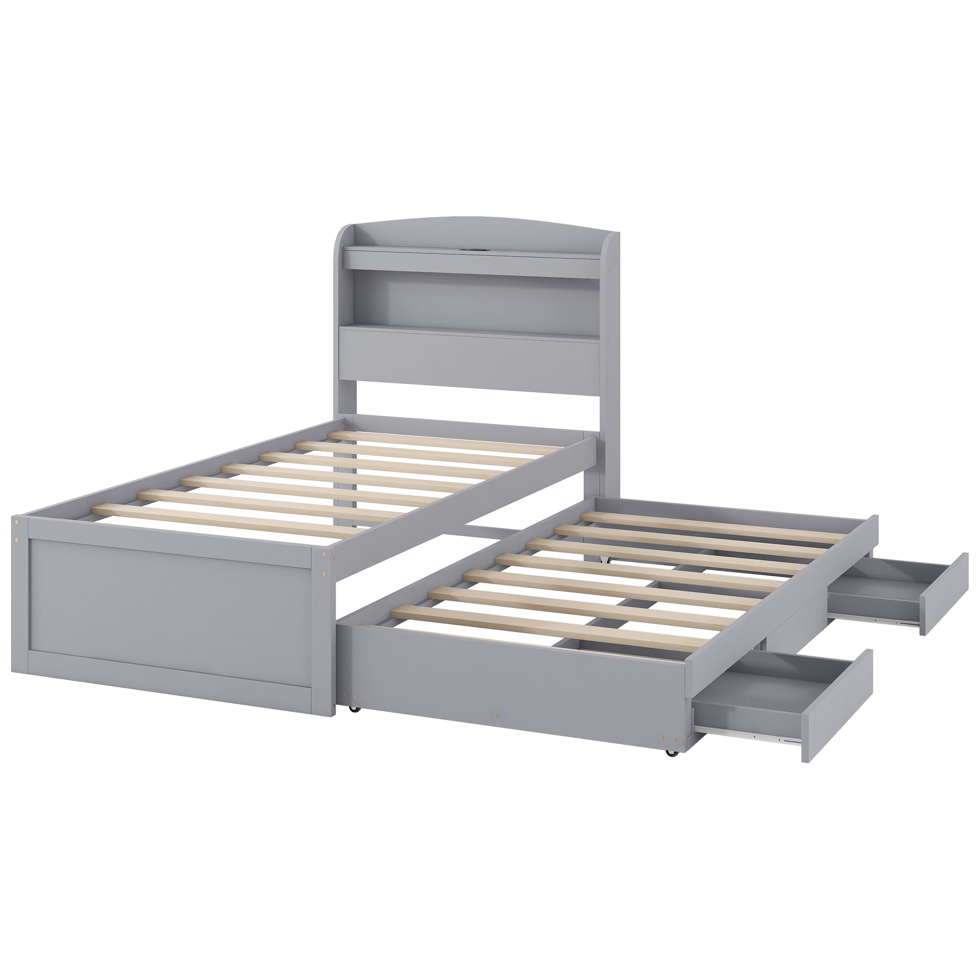 Qualler BKM001512E Gray Twin Wood Trundle Bed with Storage