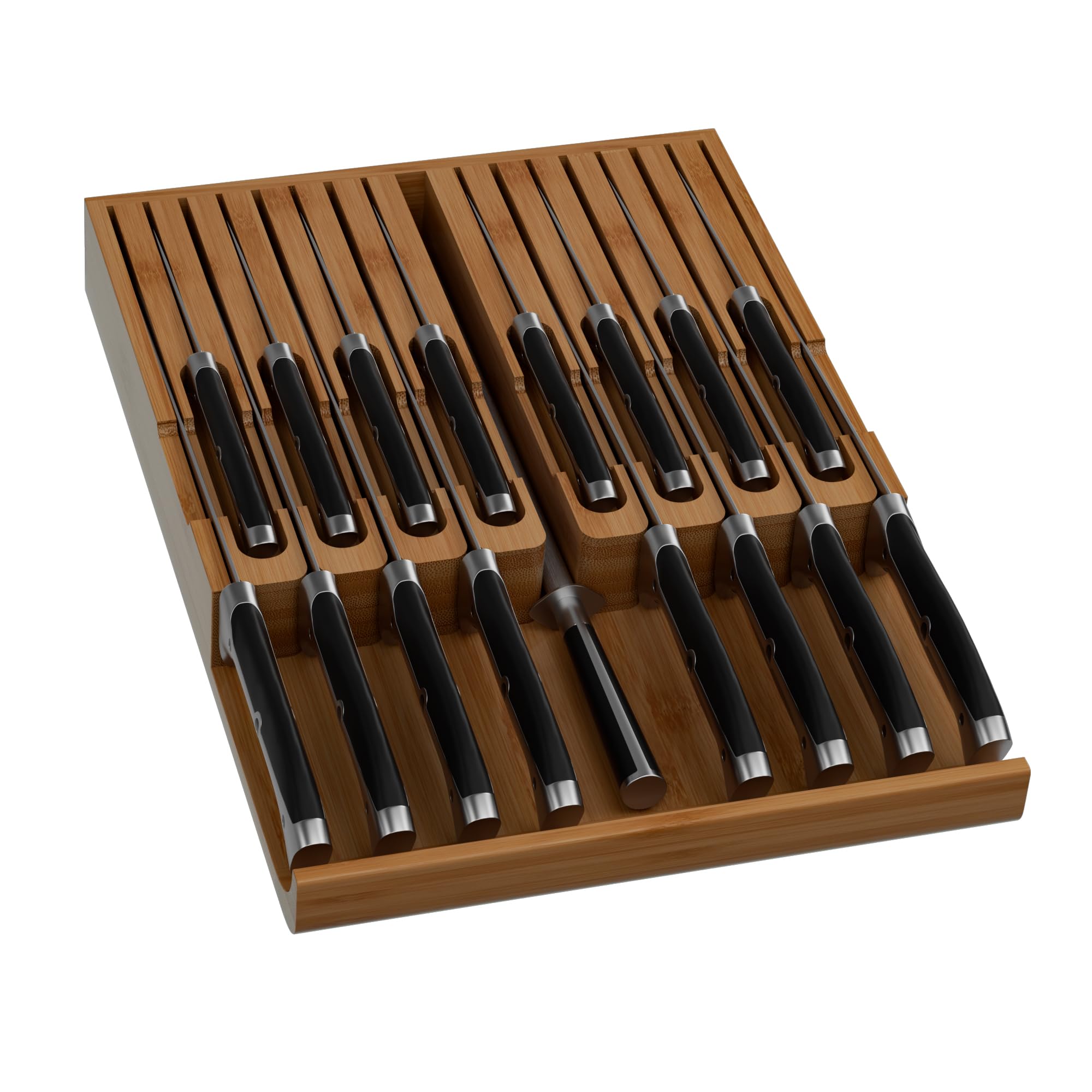 DHMHD  Bamboo In Drawer Knife Block Knife Drawer Organizer Insert Large Handle Steak Knife Holder Fits for 16 Knives and One Sharpening Steel