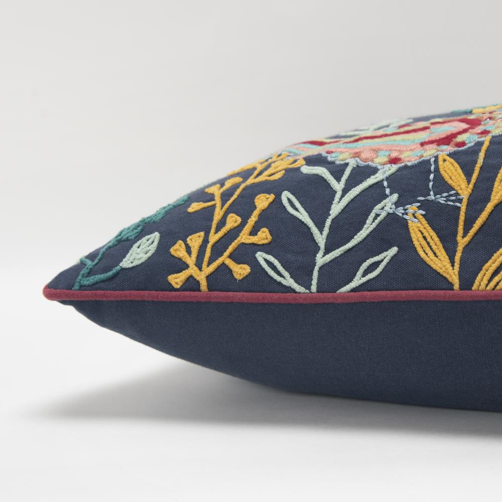 Navy Blue Embroidered Botanical Birds Lumbar Pillow