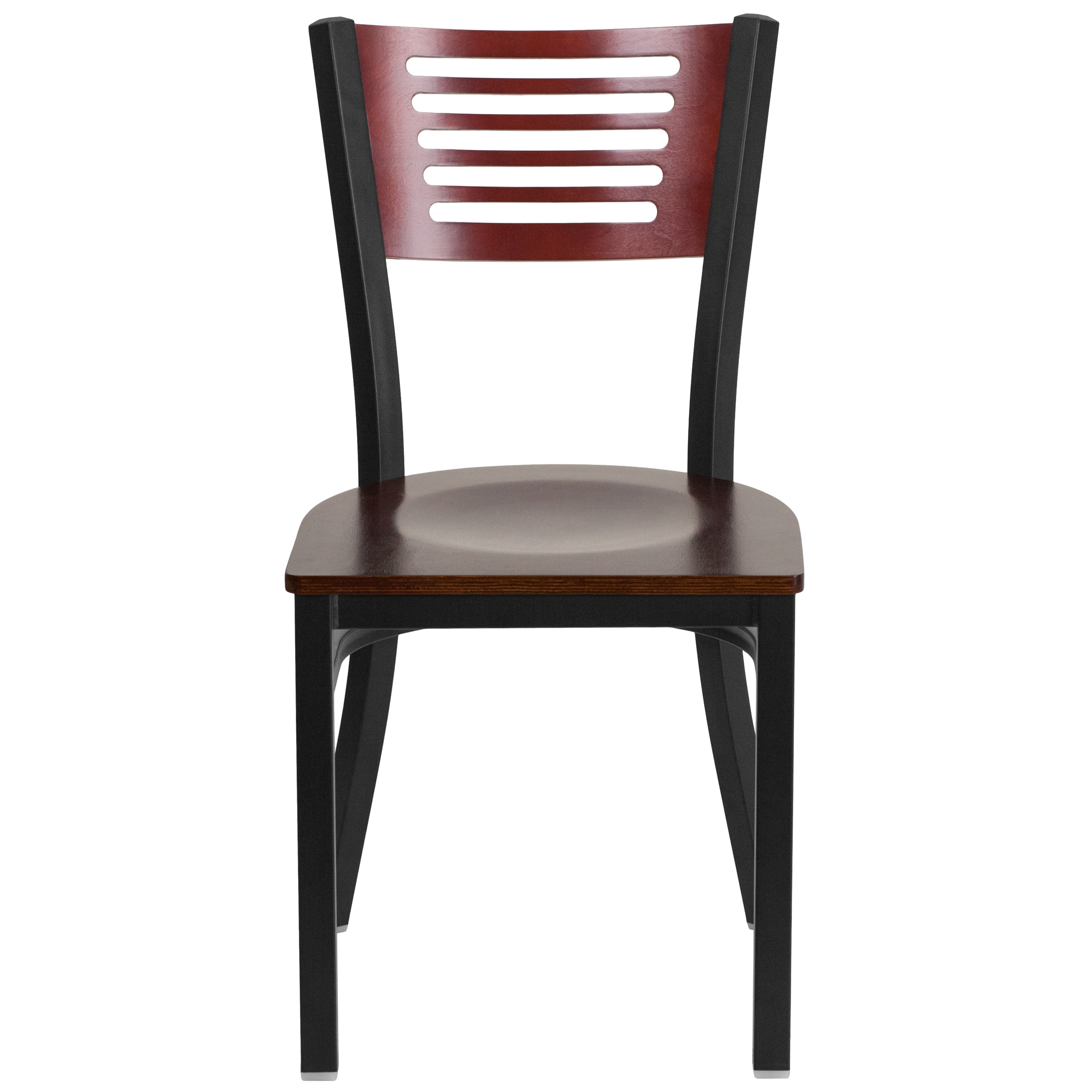 High Back Black Steel and Mahogany Wood Slat Side Chair