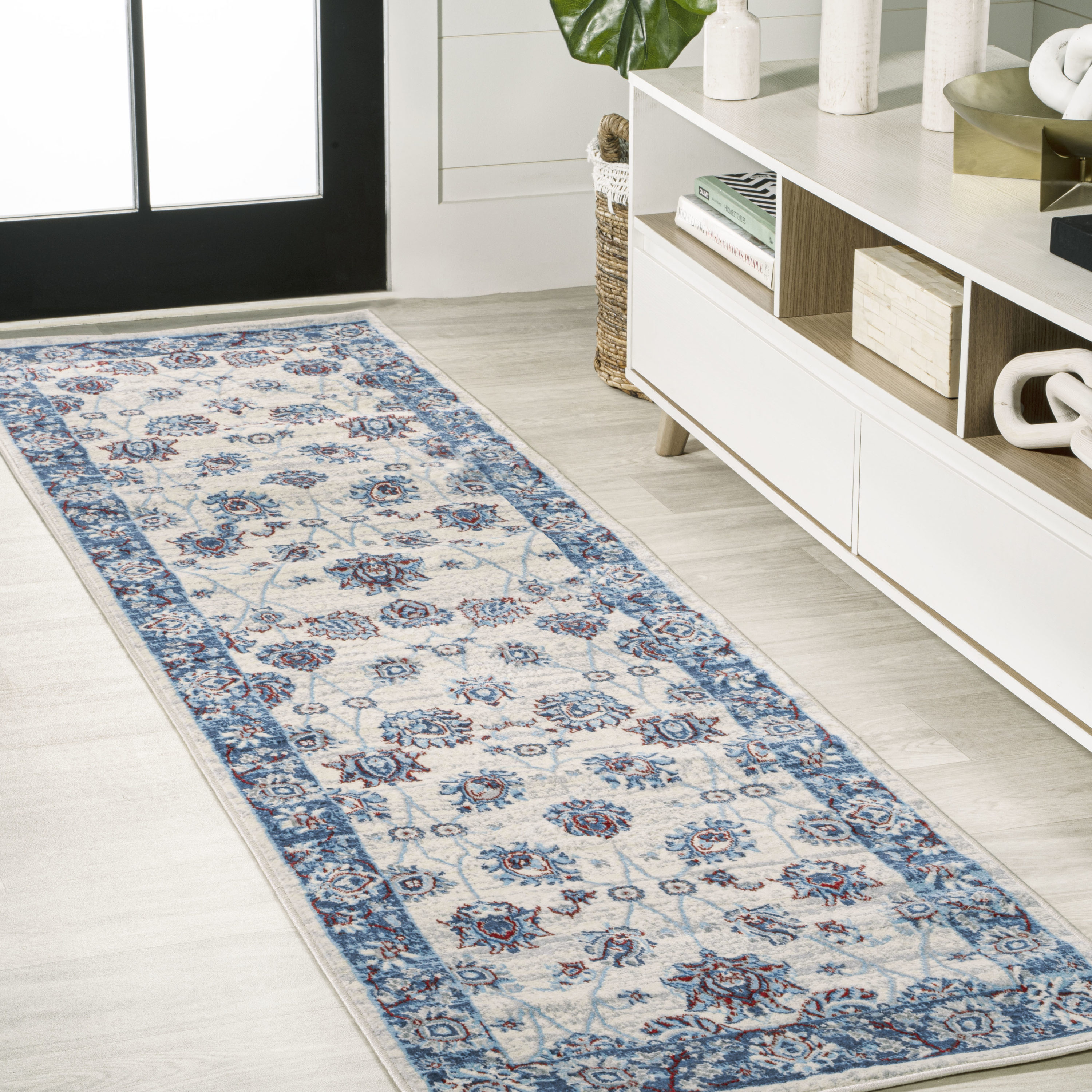JONATHAN  Y MDP101C-28 MODERN PERSIAN Vintage Moroccan 2 x 8 (ft) Loomed Polypropylene Blue/Ivory/Red Rectangular Indoor Medallion Persian Runner rug
