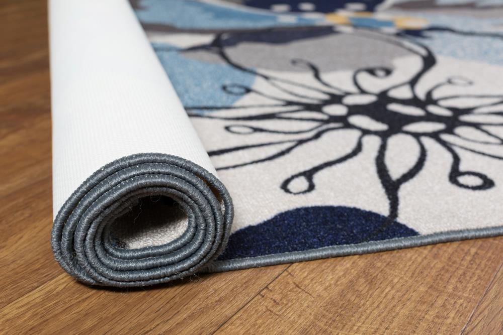 Gray and Blue Floral Synthetic Rectangular Area Rug