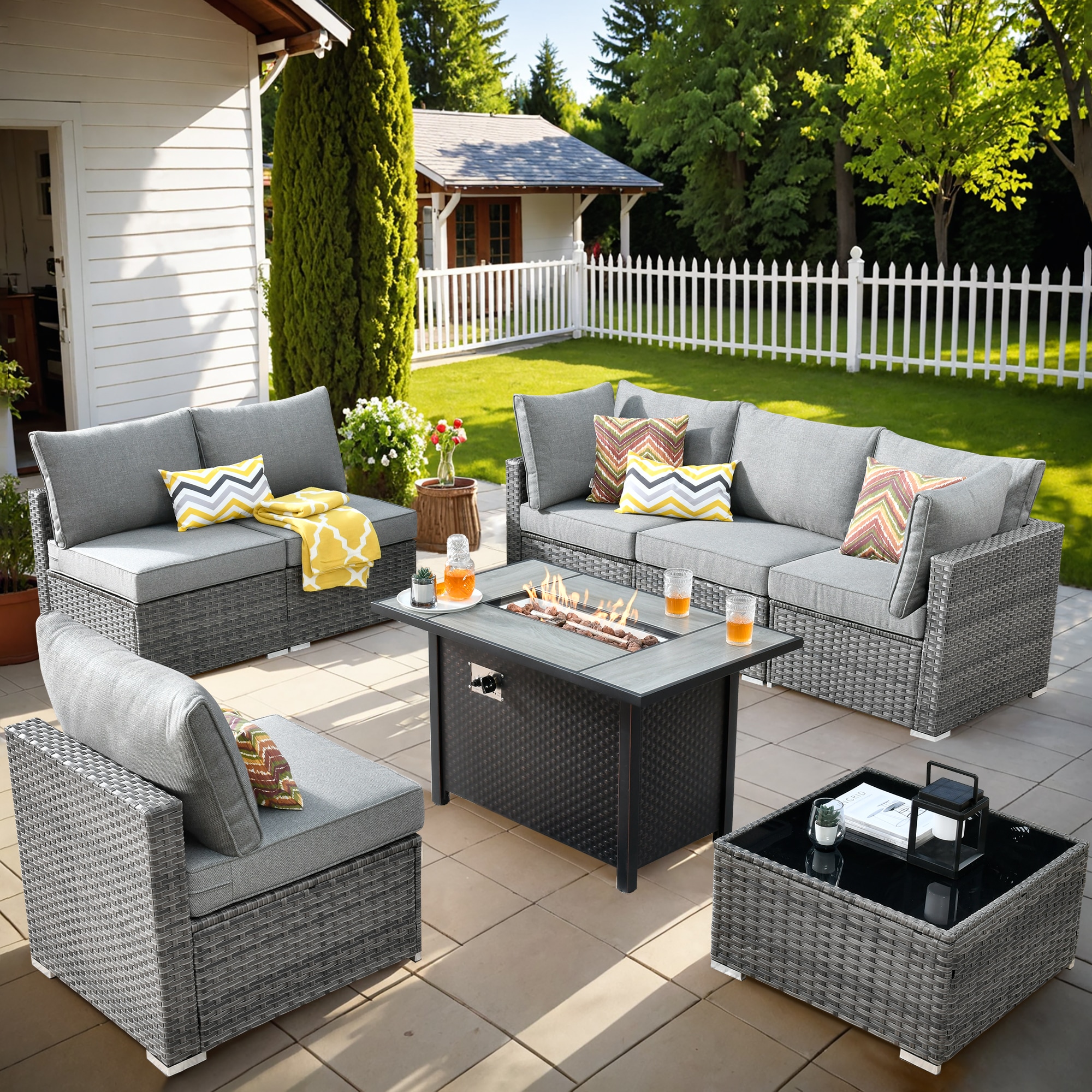 Pouuin SYZHOP405 Wicker Outdoor Sectional with Dark gray Cushions and Wicker Frame