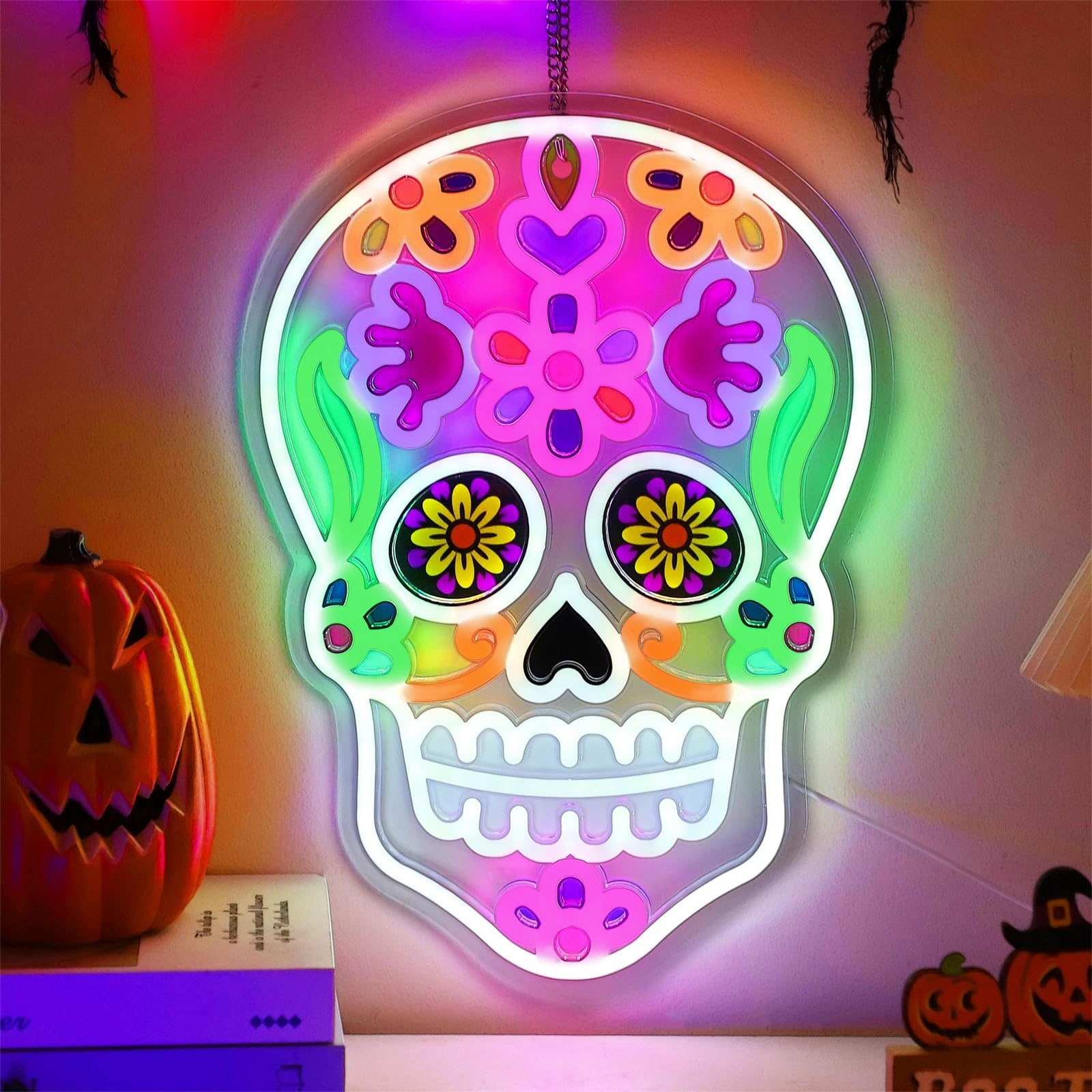 AOIZGMY  Halloween Skull Neon Sign Acrylic Wall Decor USB Powered Adjustable Brightness for Window Bedroom Man Cave Party