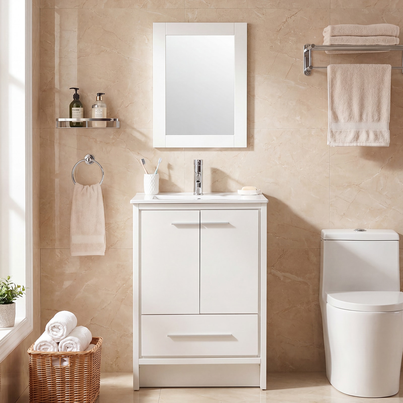WONLINE 24-in White Undermount Single Sink Bathroom Vanity with White Ceramic Top (Mirror Included) (Faucet Included)