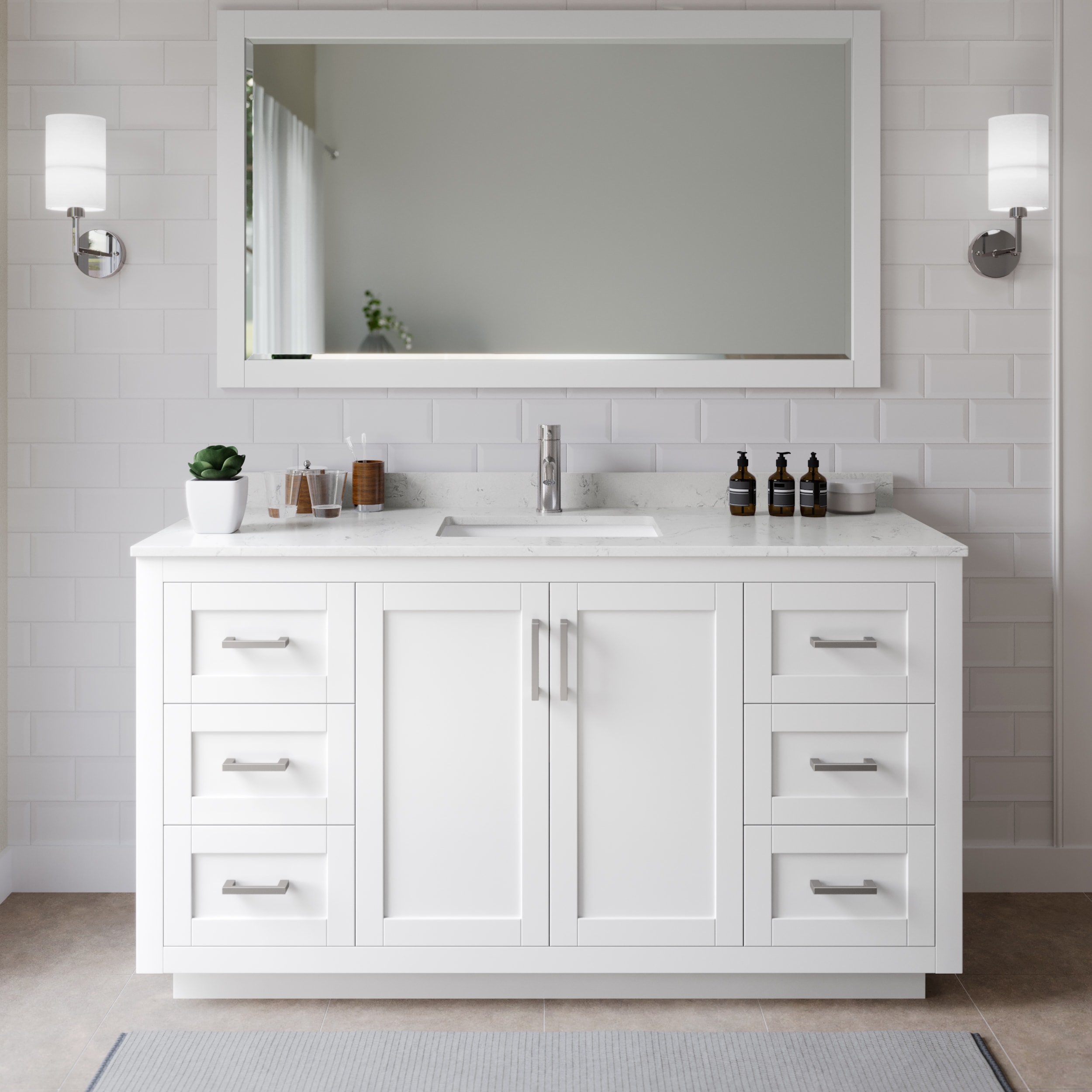 Wyndham Collection WCF292966SWHC2UNSMXX Miranda 66-in White with Brushed Nickel Trim Undermount Single sink Bathroom Vanity with Carrara Cultured Marble Cultured marble Top