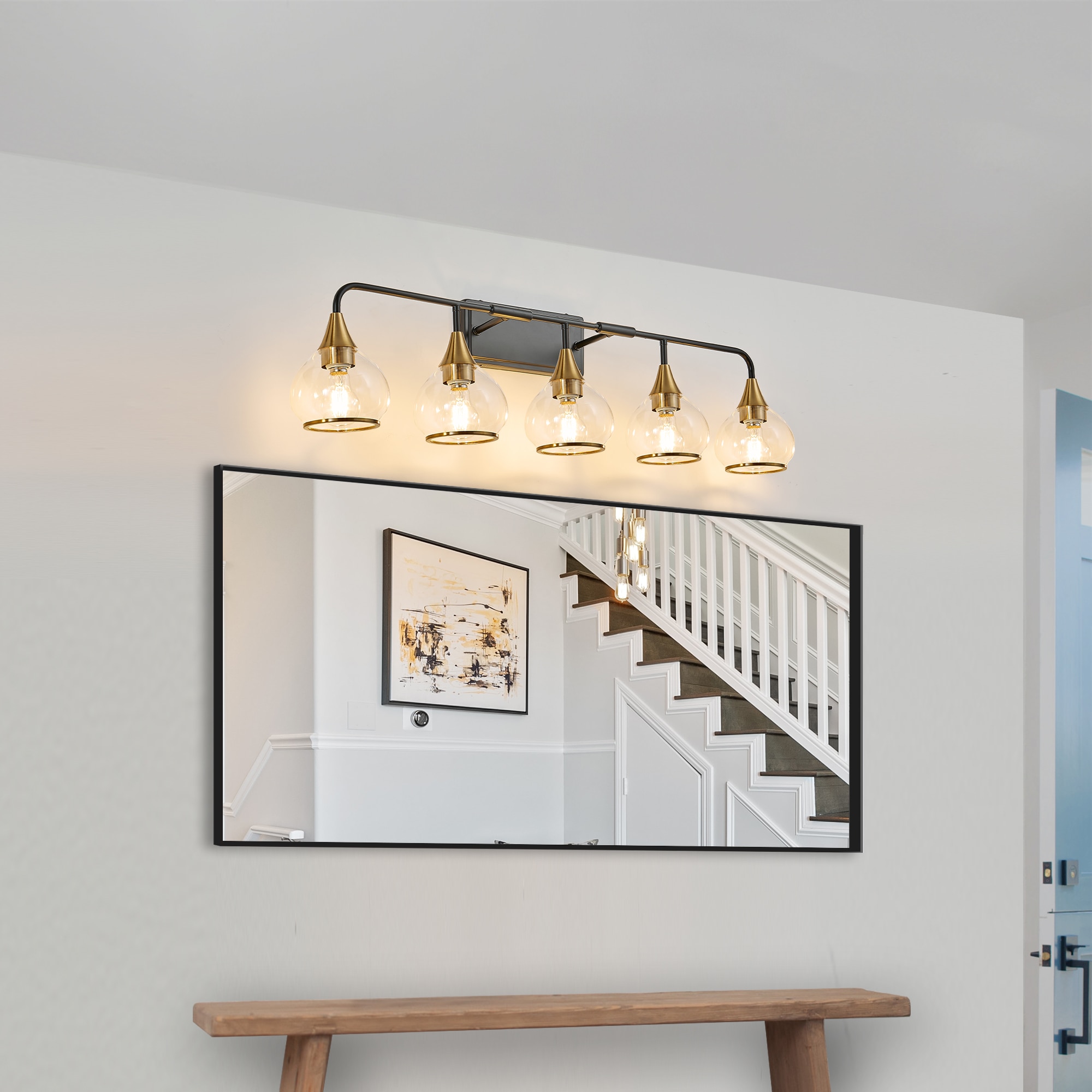 Tatayosi 40 inches Modern 5-Light Vanity Wall Sconce - Black and Gold Bathroom Light Fixture with Clear Glass Shades Industrial Wall Mounted Lamp for Mirror Vanity and Living Spaces (Bulb Not Included)