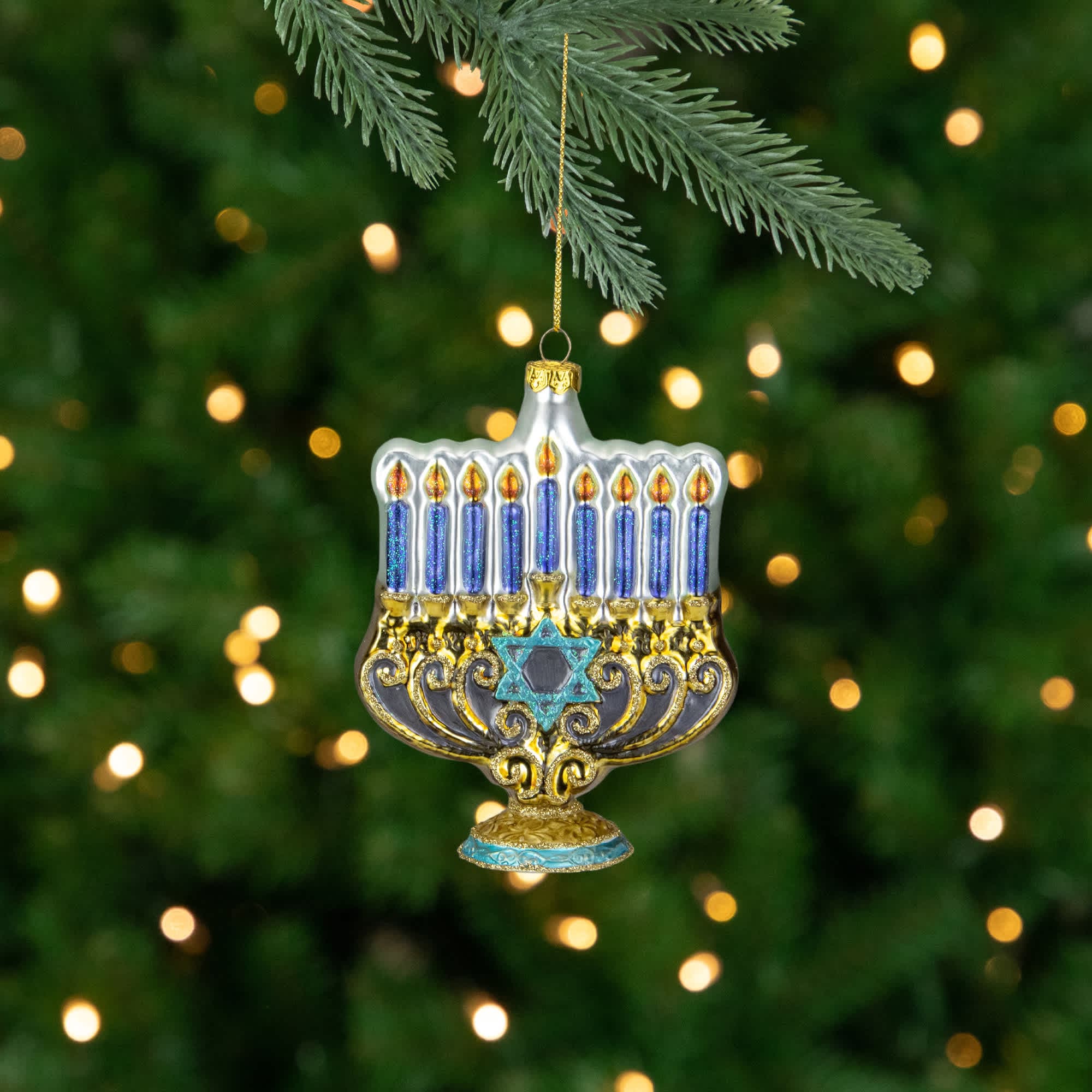 Northlight 5 inch Gold and Blue Menorah Glass Hanukkah Ornament
