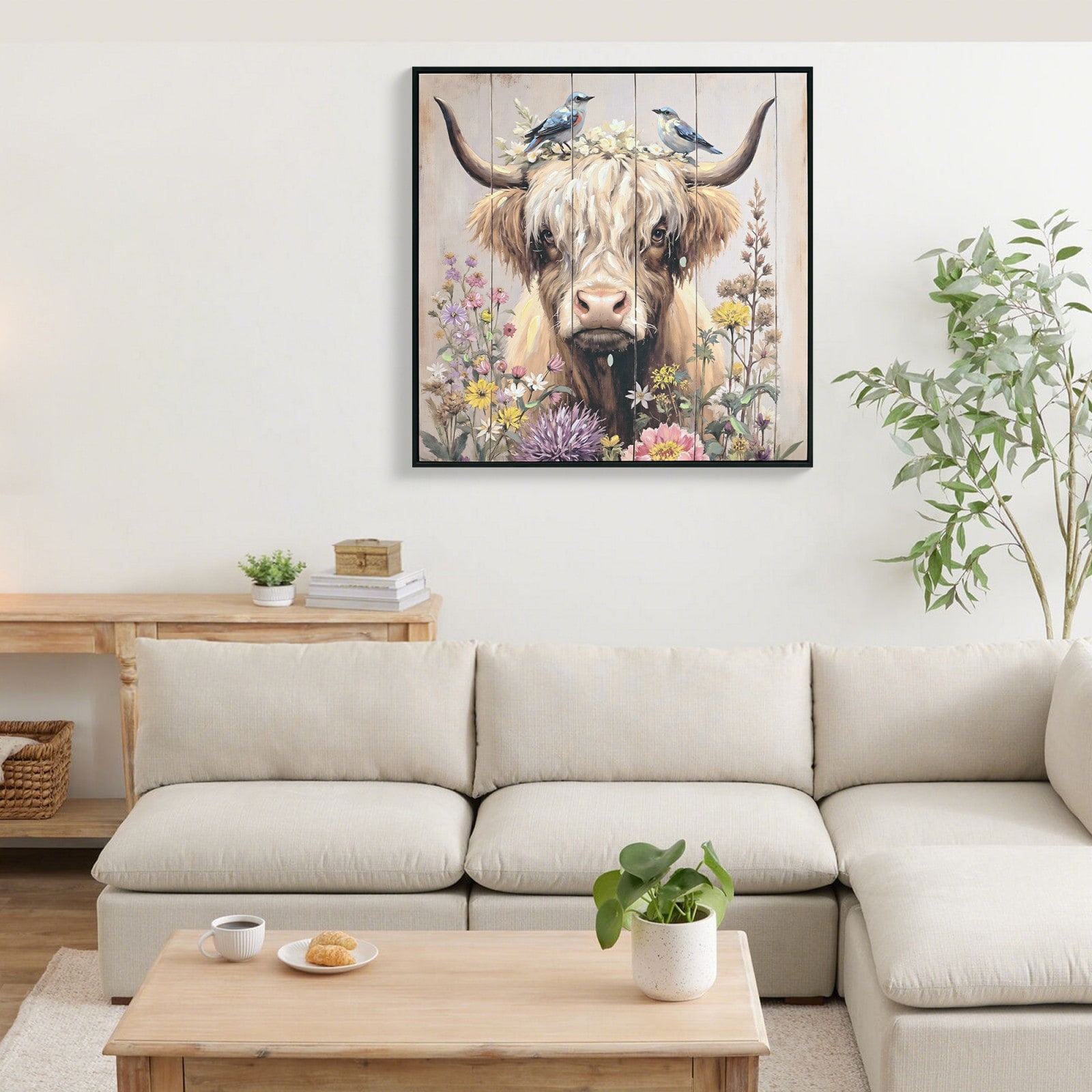 GlasFlength  Farmhouse Highland Cow Canvas Wall Art 24 x 24-Inch Rustic Animal Floral Painting Framed Decor for Bathroom Kitchen Living Room Camel and Brown