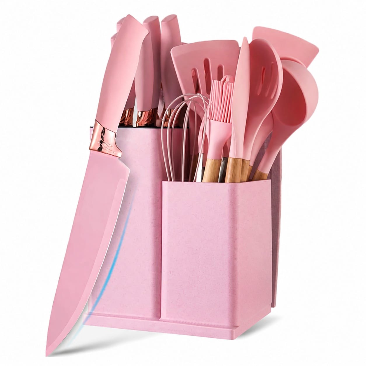 DHMHD Kitchen Knife Set with Block and Pink Silicone Kitchen Utensils 19 Piece Cooking Tool Set for Home Use durable home and garden accessory #LDH0821X341