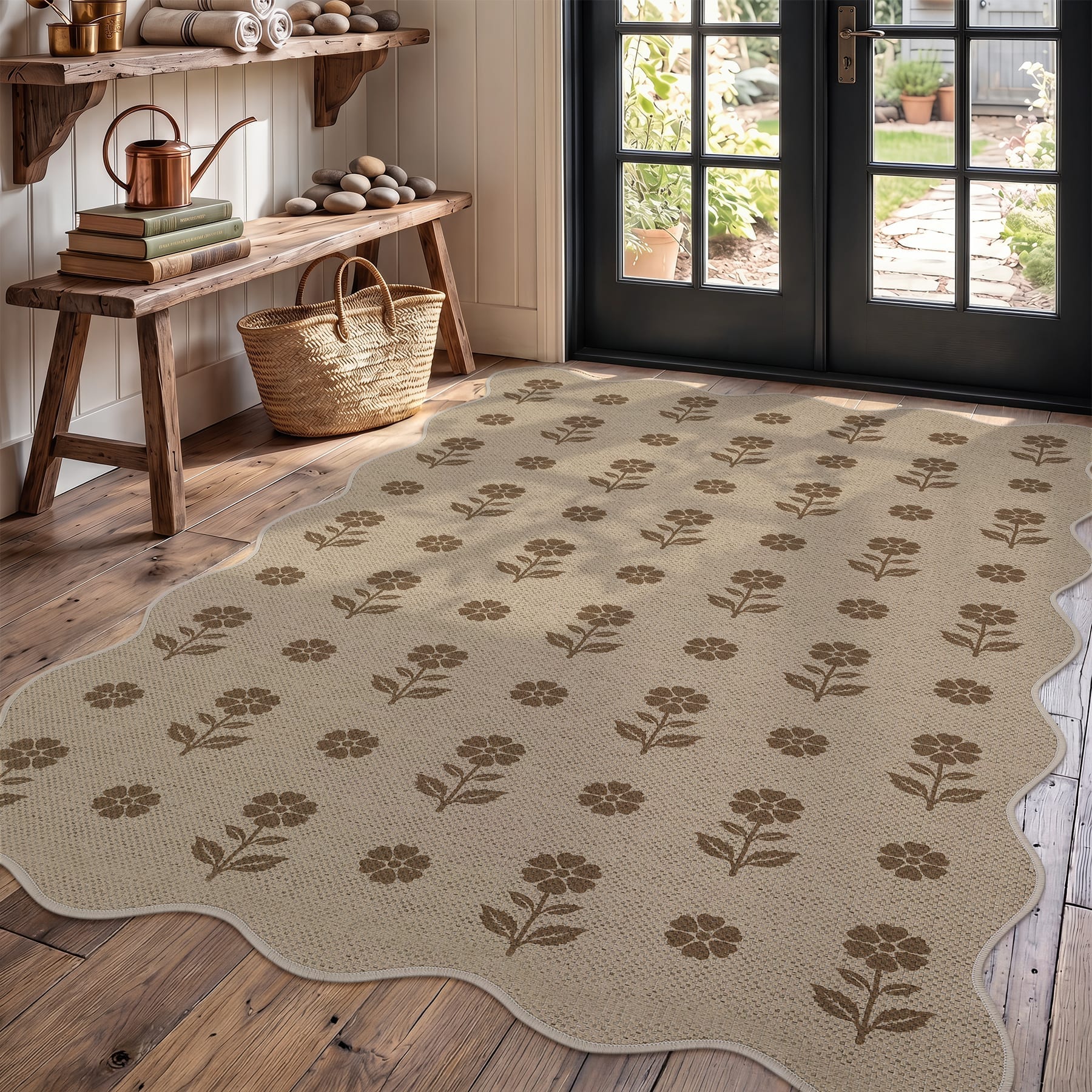 LITTLE TREE - 3x5 (ft) Jute-Style Brown Floral Natural Color Non-Slip Washable Scalloped Rugs wit...