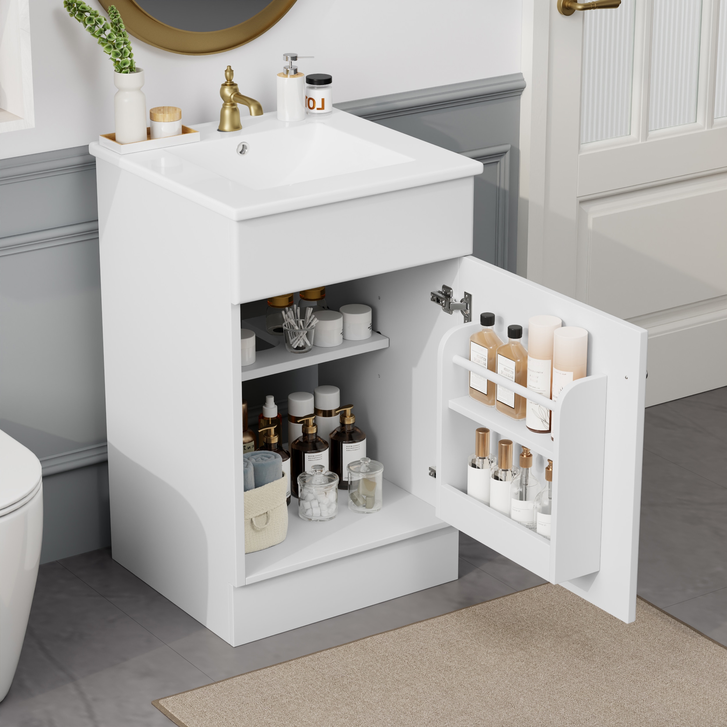 Tatayosi JL-P237946K 20inches Bathroom Vanity with Sink Vanity Cabinet with Door Shelf and Adjustable Shelf White