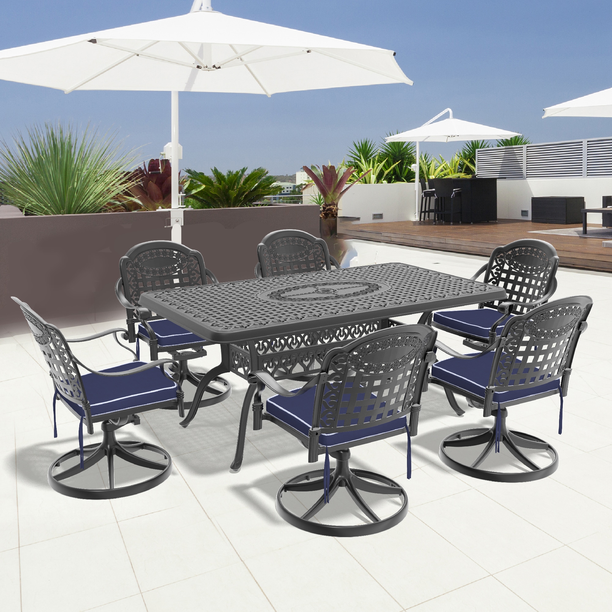 nicesure SLBK6002CZ8A1120RC 9 -Piece Black Patio Dining Set Aluminum Oval Table with 8 Cushions Stackable Stationary Chairs