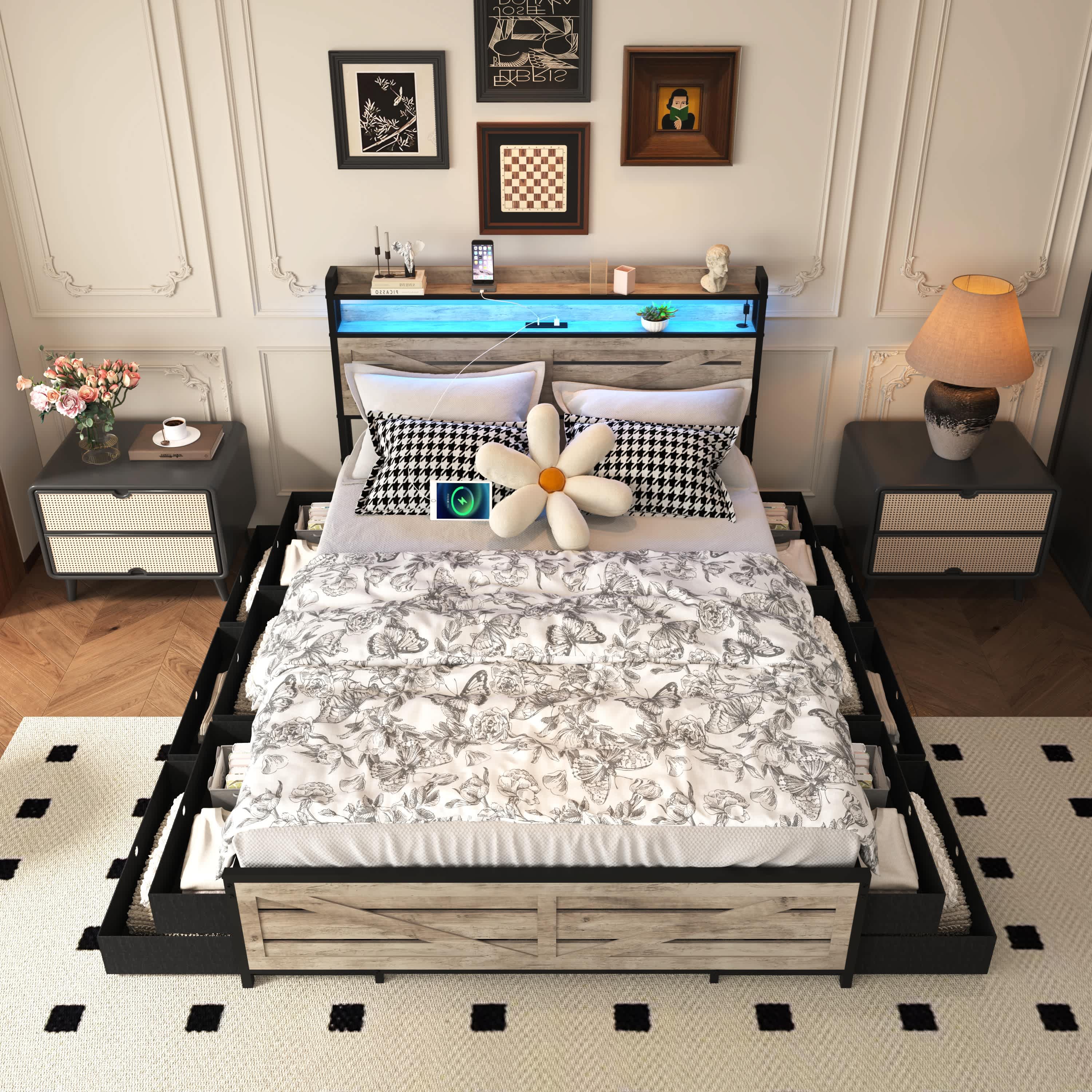 Vynxaria Gray Metal Frame Full Platform Bed with Storage Headboard 12 ...