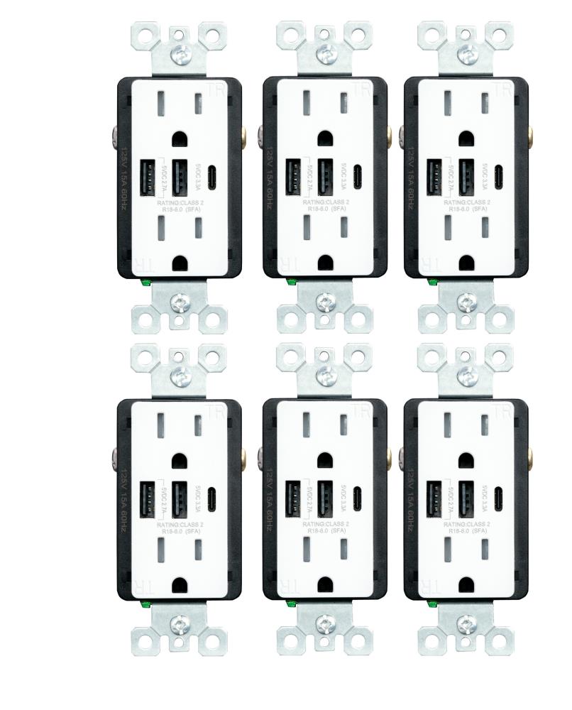 Utilitech R1815D60AAC-WH6 15 -Amp 125-volt Tamper Resistant Residential Decorator USB outlet Type A/C , White 6 -Pack