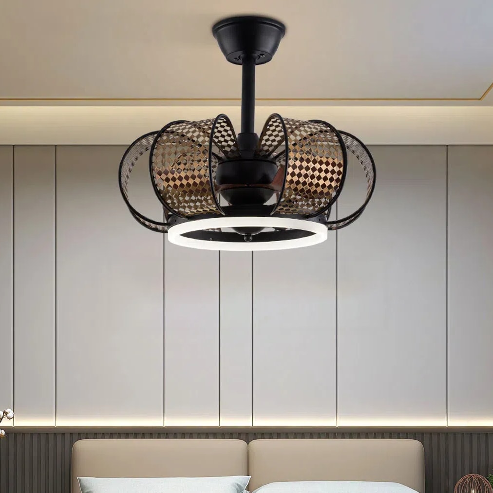Oukaning JZUCOD2LNSHCX 19-in Color-Changing Black Gold Hollowed-out Mesh Cover 6-speed with Wood Blades Fandelier Ceiling Fan With Light - Remote Included ( 3 -Blade )
