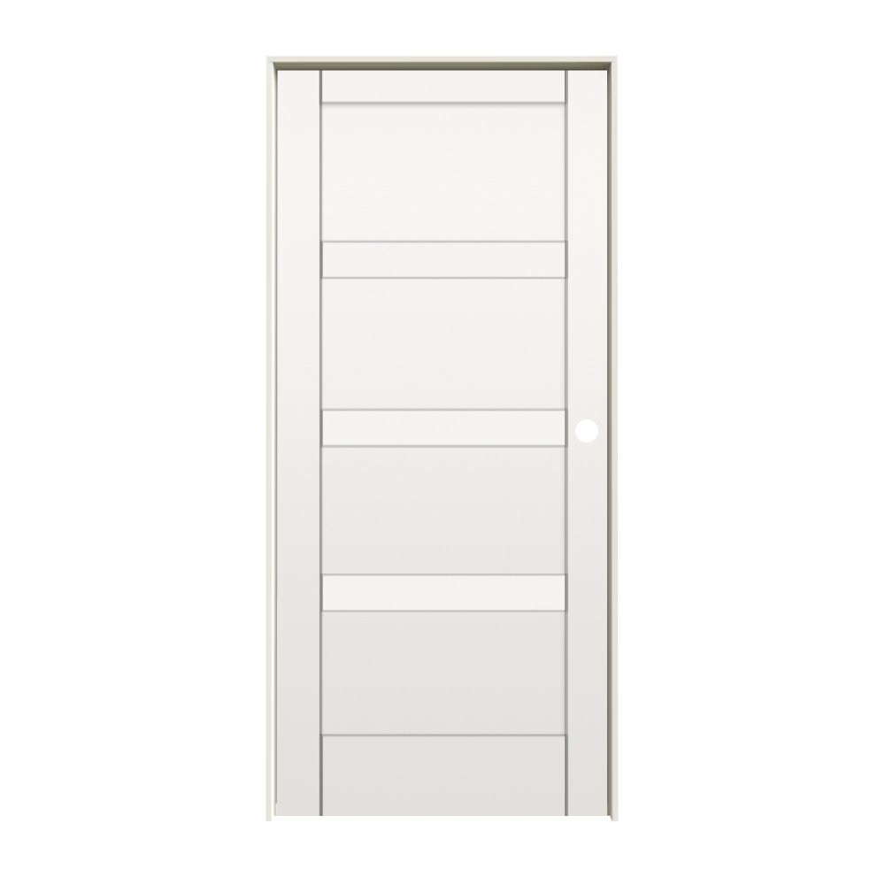 RELIABILT 10129506 30-in x 80-in primed Solid core 4 panel square Left hand Smooth Primed MDF Flat Jamb Single Prehung Interior Door
