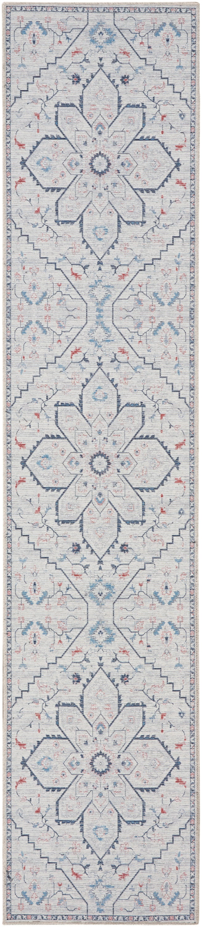 Ivory Blue Floral Cotton Synthetic Runner Rug 2'2" x 10'