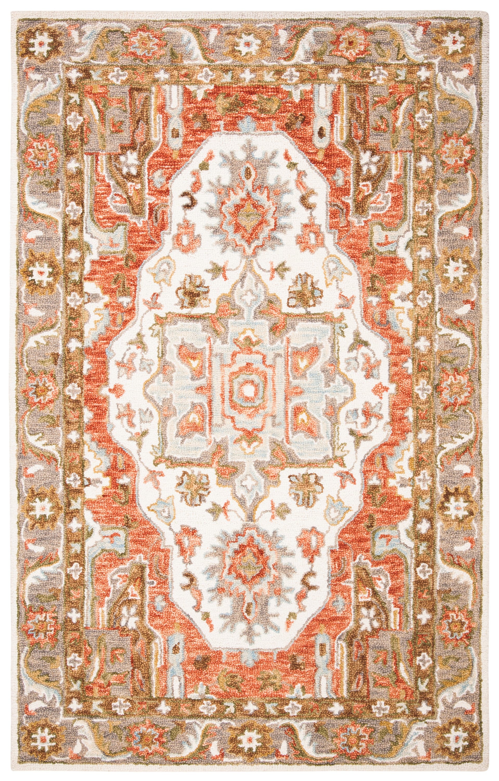 Ivory and Red Hand-Tufted Wool 4' x 6' Area Rug