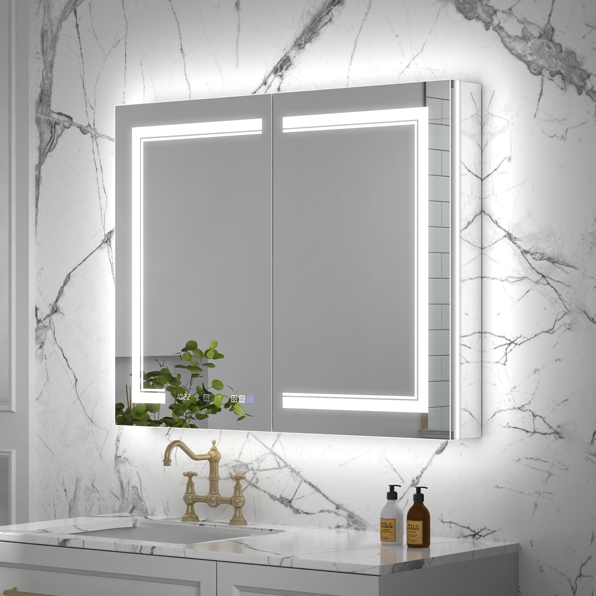 ExBrite MC4032V10DX Vilara 40-in x 32-in Lighted LED Fog Free Surface/Recessed Mount Silver Mirrored Rectangle Soft Close Medicine Cabinet with Outlet