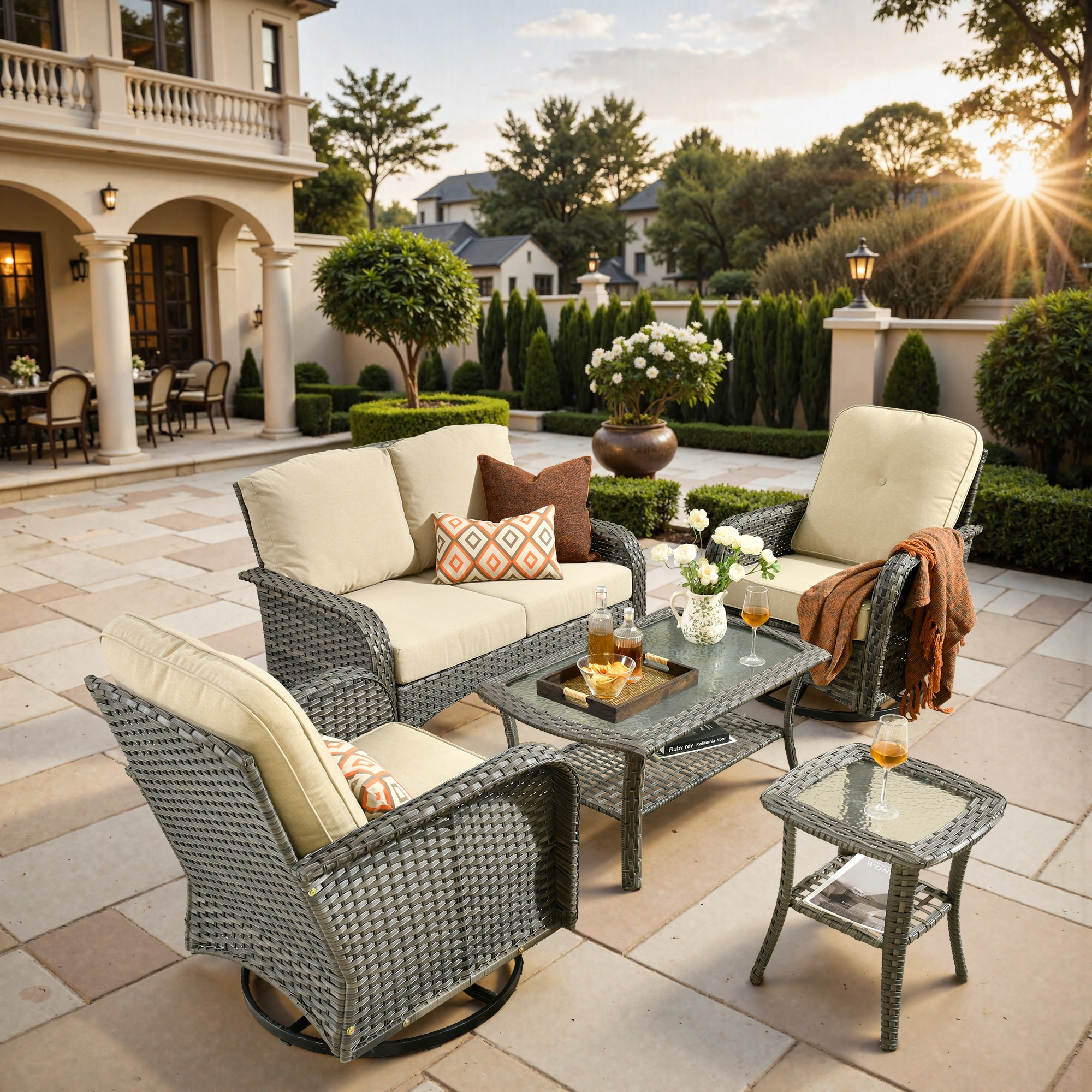 weaxty HMBYZGNCGNDS600S51 Initial 5 -Piece Wicker Patio Conversation Set with Off-white Cushions