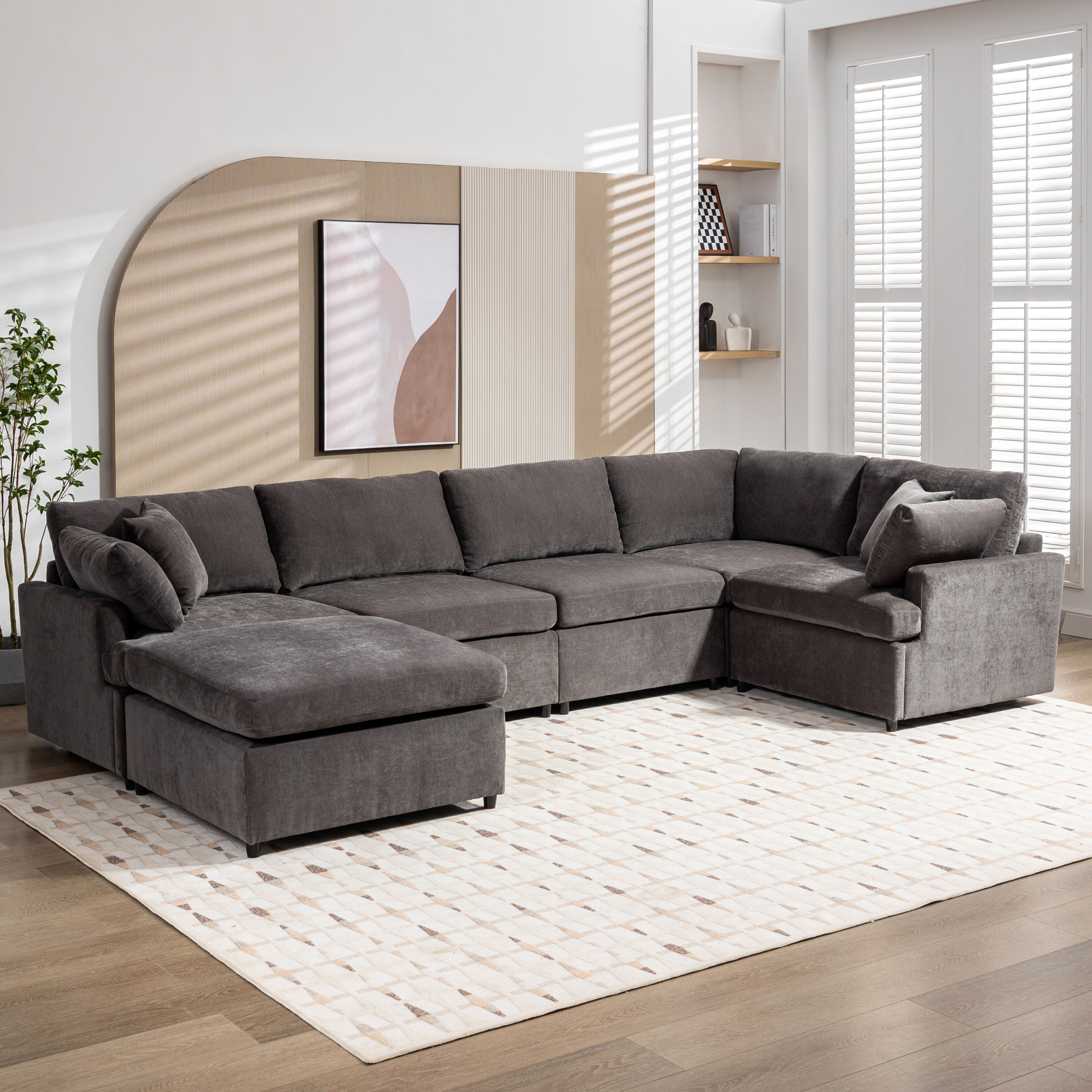 ModernLuxe WY000387AAE [ Video Provided]Upholstered Sectional Sofa with Removable OttomanUShape 6 Seat Sectional Couch  for Living RoomApartment Spacious Space