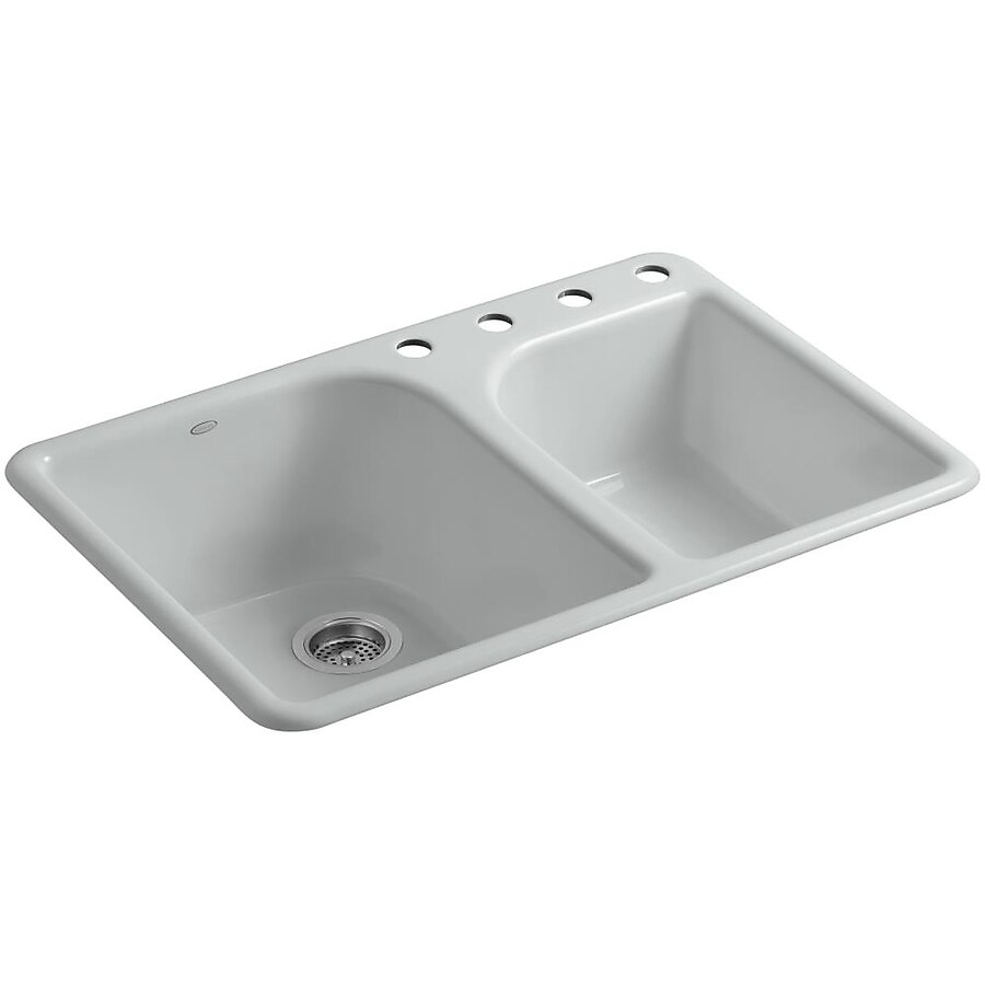Executive Chef Drop-In Cast Iron 33 in. 4-Hole Double Bowl Kitchen Sink in White Executive Chef Drop-In Cast Iron 33 in. 4-Hole Double Bowl Kitchen Sink in White