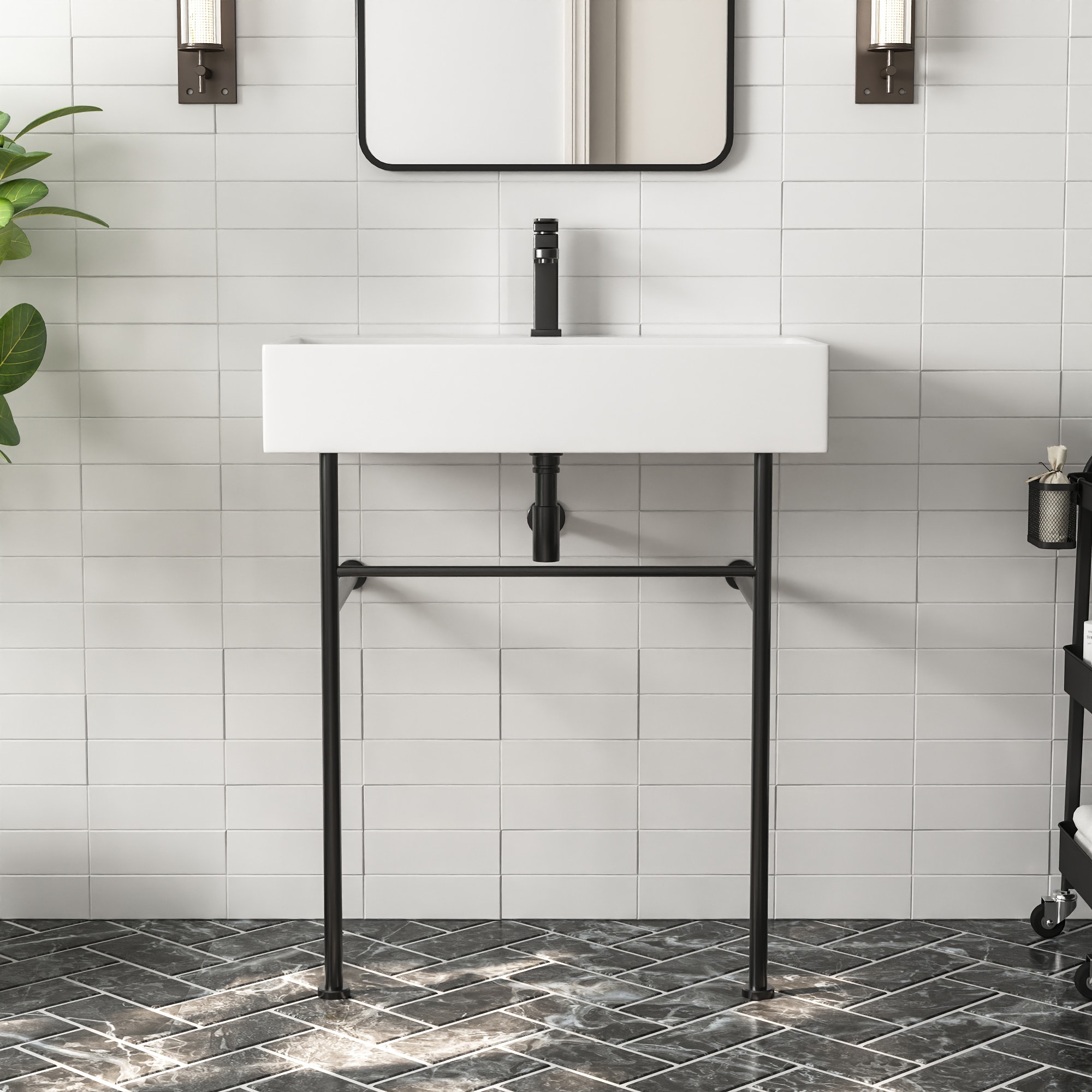 30" White Ceramic Console Sink with Black Stainless Steel Legs