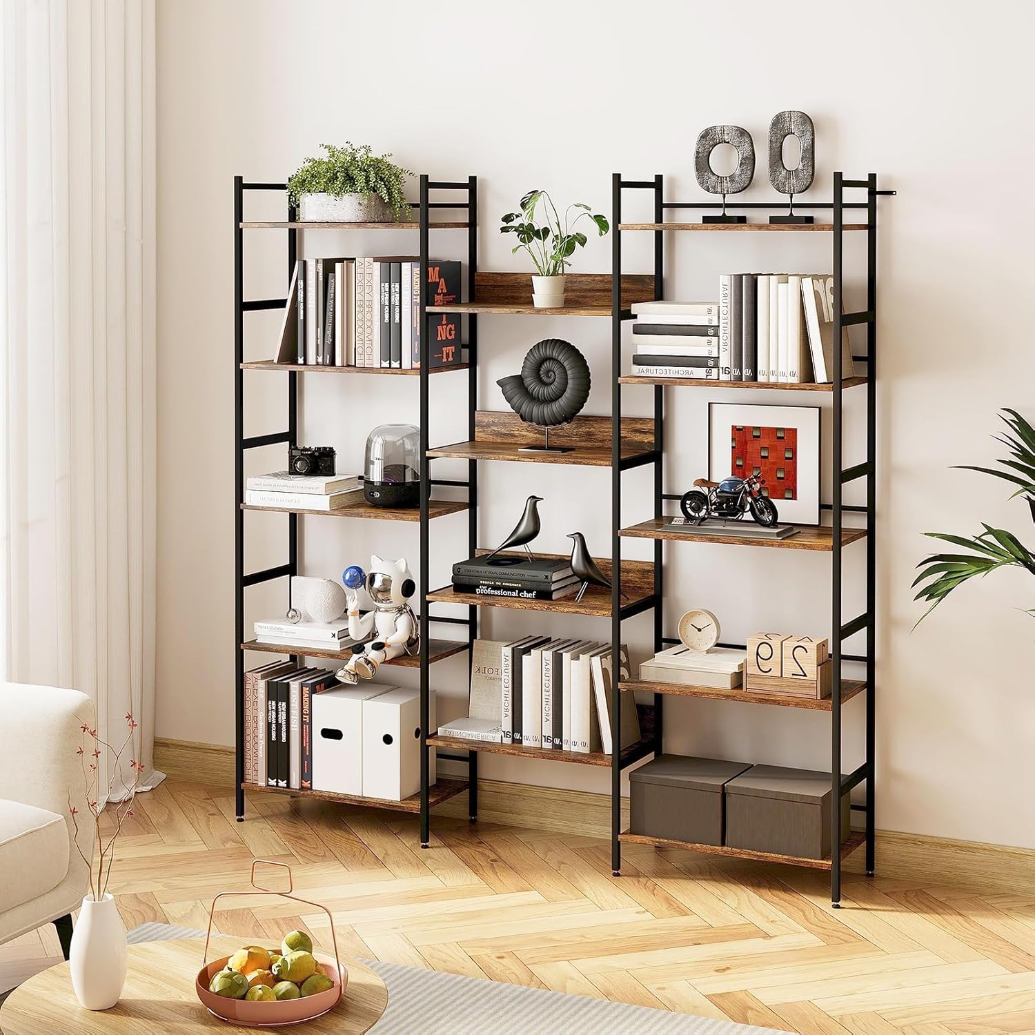 Qeetex LHF-SJ-PHO-16DV28N6 5 Tier Bookcases and Bookshelves - Large Open Shelf Bookcase with 14 Display Shelves - Rustic Industrial Style Book Shelves for Living Room Bedroom - Brown