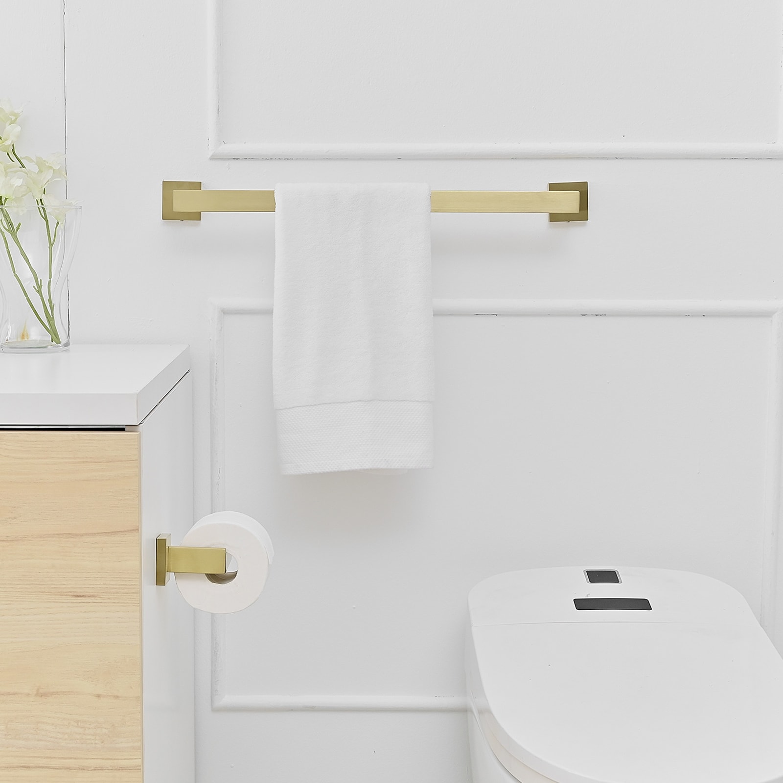 BWE 4-Piece Brushed Gold Decorative Bathroom Hardware Set with Towel  Bar,Toilet Paper Holder and Robe Hook in the Decorative Bathroom Hardware  Sets department at