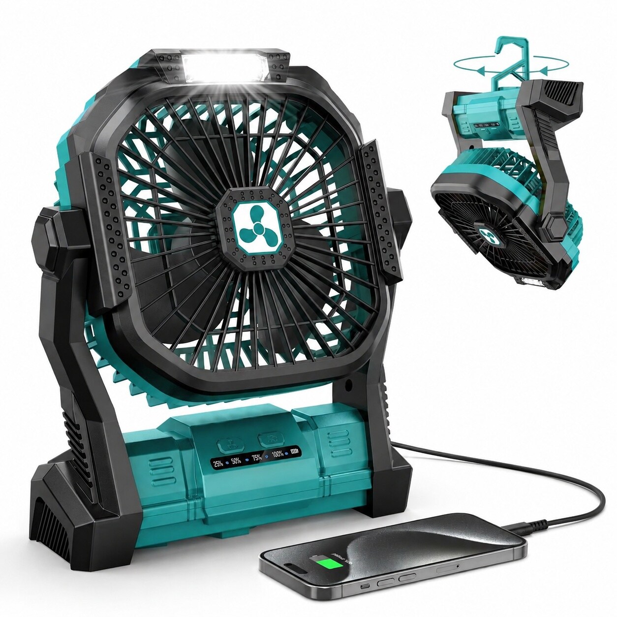 Phyfalip  Portable Fan with LED Lantern USB C Cordless Quiet Adjustable Speeds for Camping Tent Office Bedroom Travel Beach Desk Fishing Table