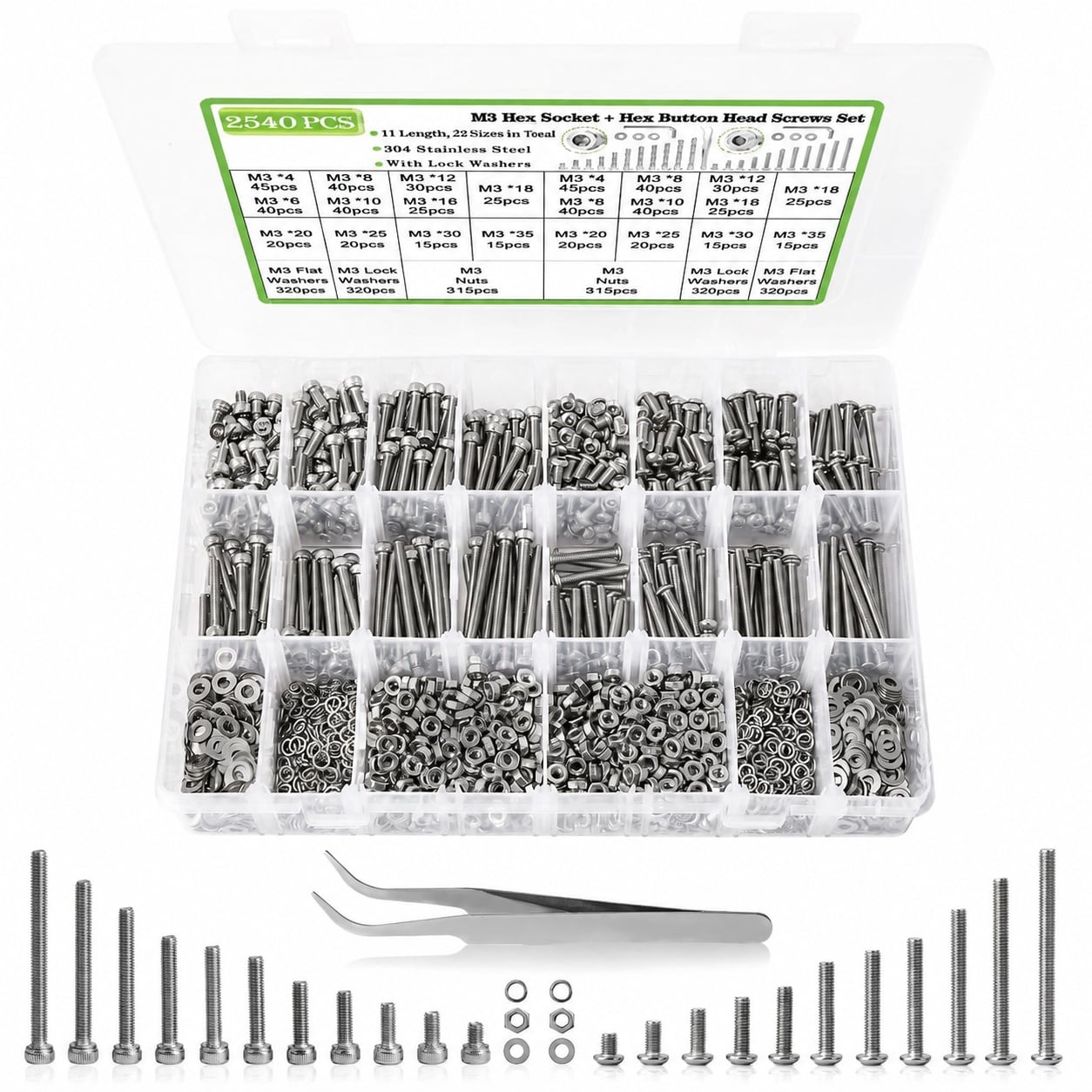 JVFCXXV  M3 Machine Screws Assortment Kit 2540 Pieces 304 Stainless Steel Socket Head Button Head Nuts Washers Lock Washers 4MM to 35MM