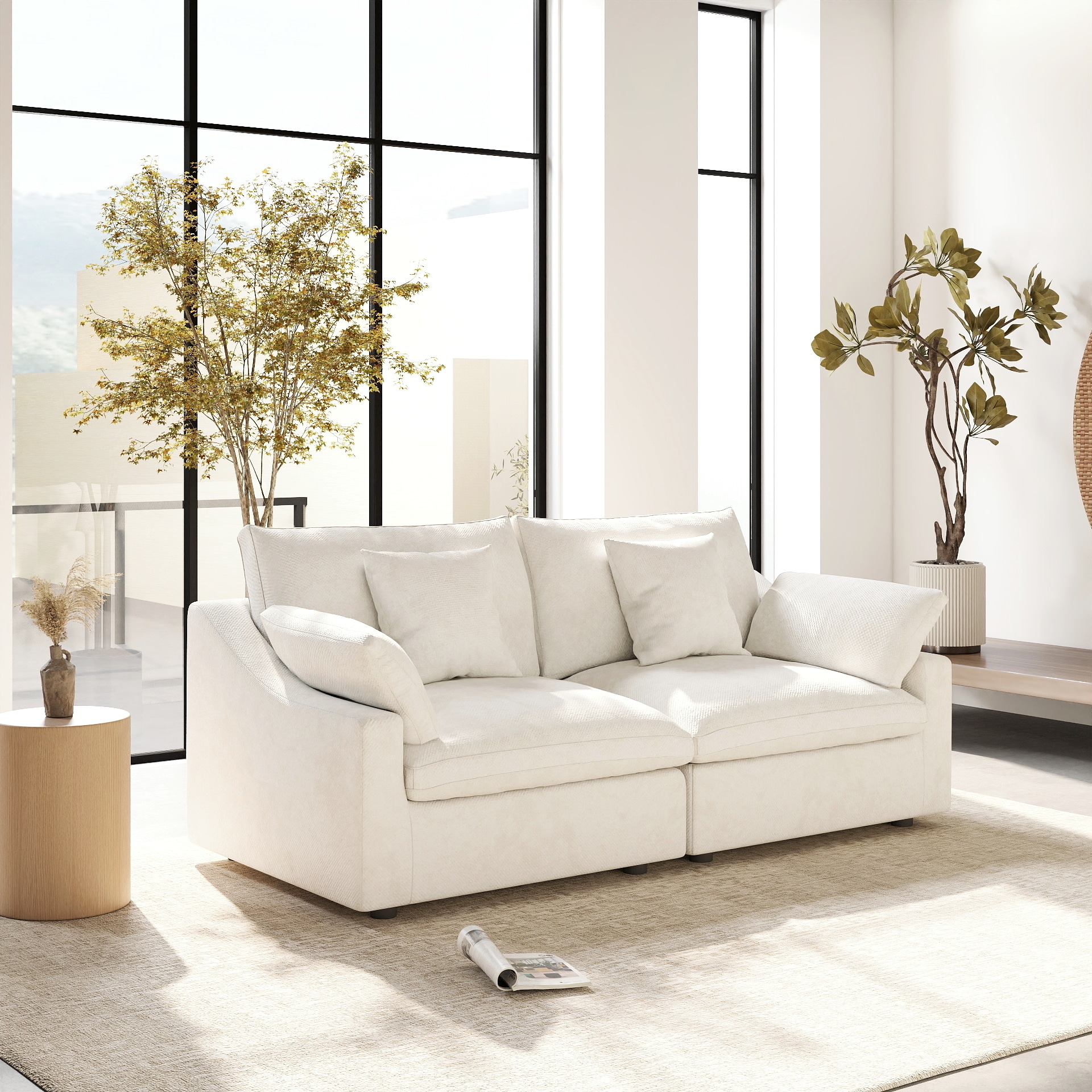 BuotiqHom DH-S2-140WE 83-in Modern White Linen 2 -seater Loveseat