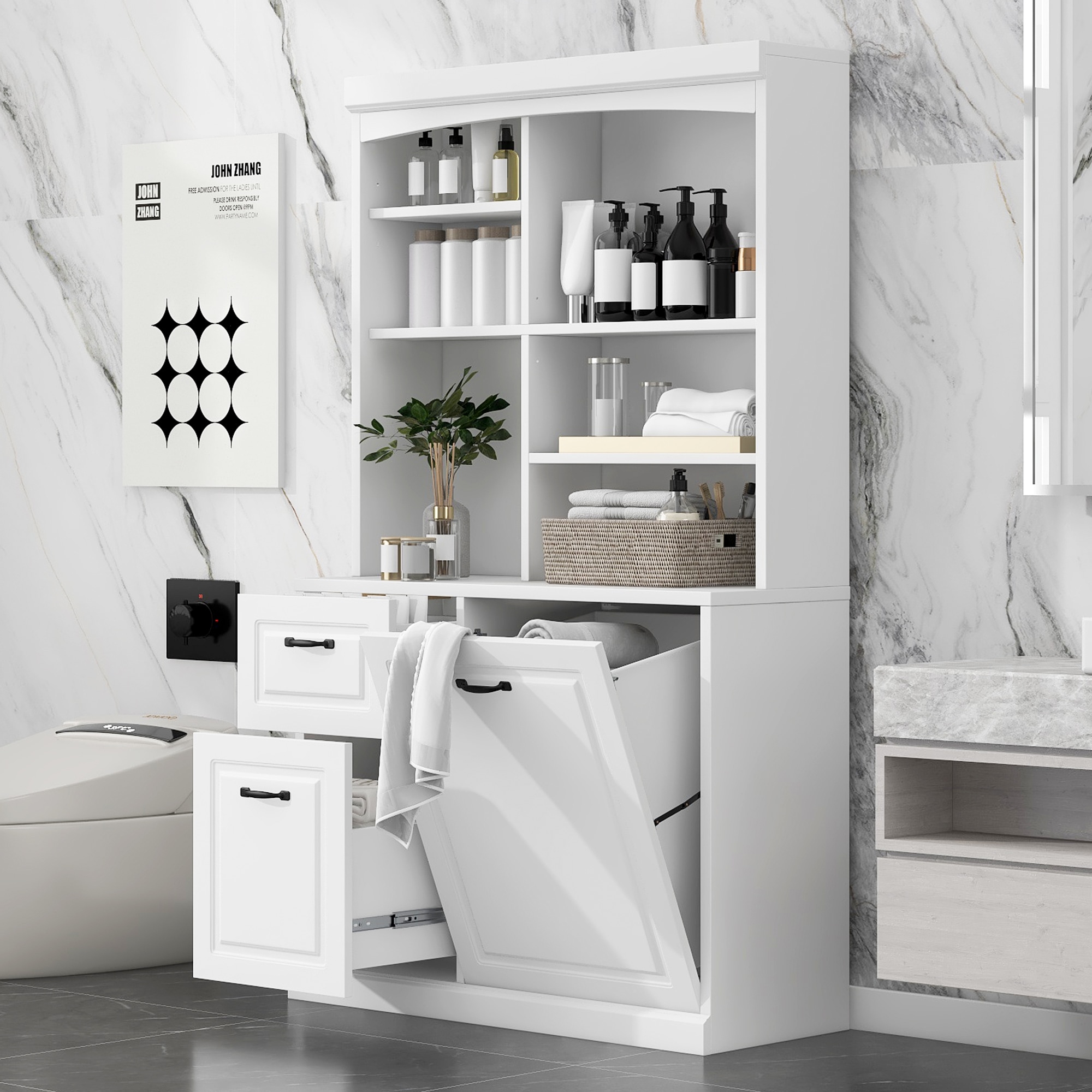 ModernLuxe L3P-N725P278420K Bathroom Storage Cabinet with TiltOut Hamper 70.9inch Tall Free Standing Organizer with Drawers  Adjustable Shelves MDF Linen Tower with Steel Handles White Finish